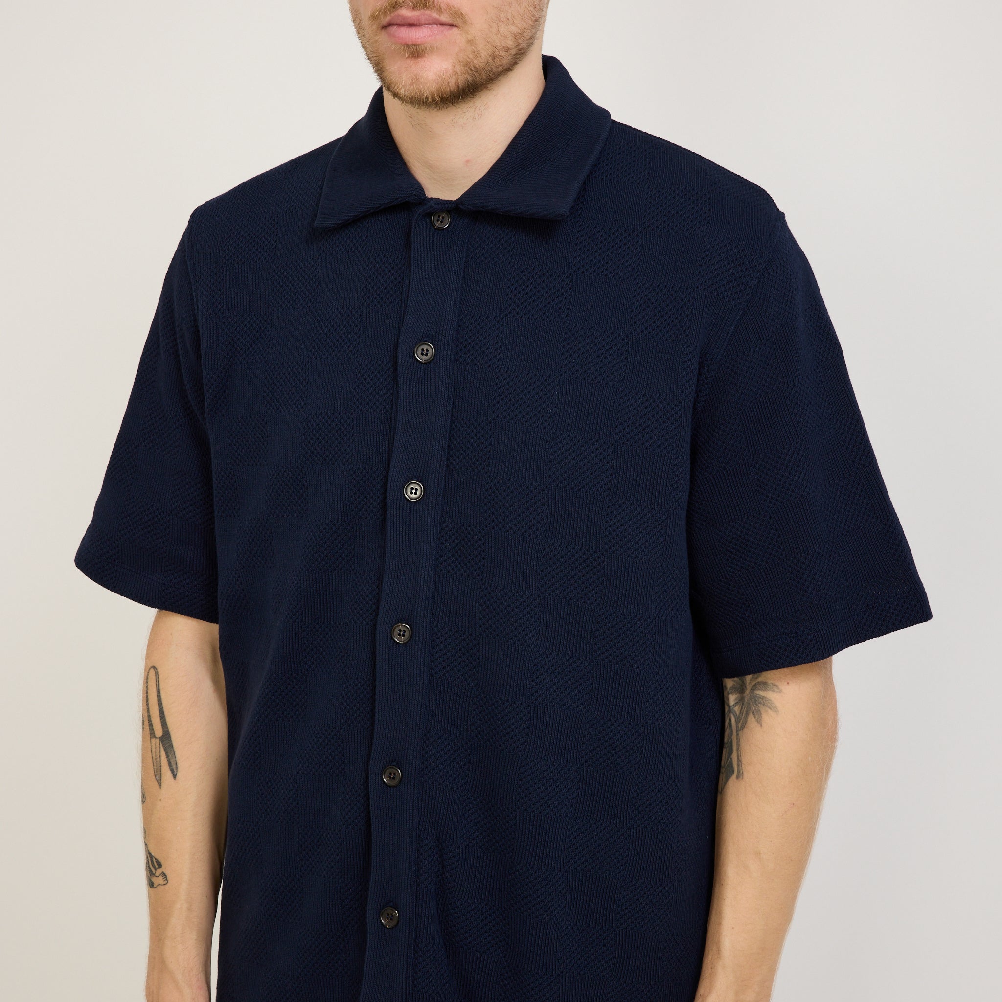 Universal Works | Button Through Polo Fantasy Checkerboard Bright Navy | Maplestore