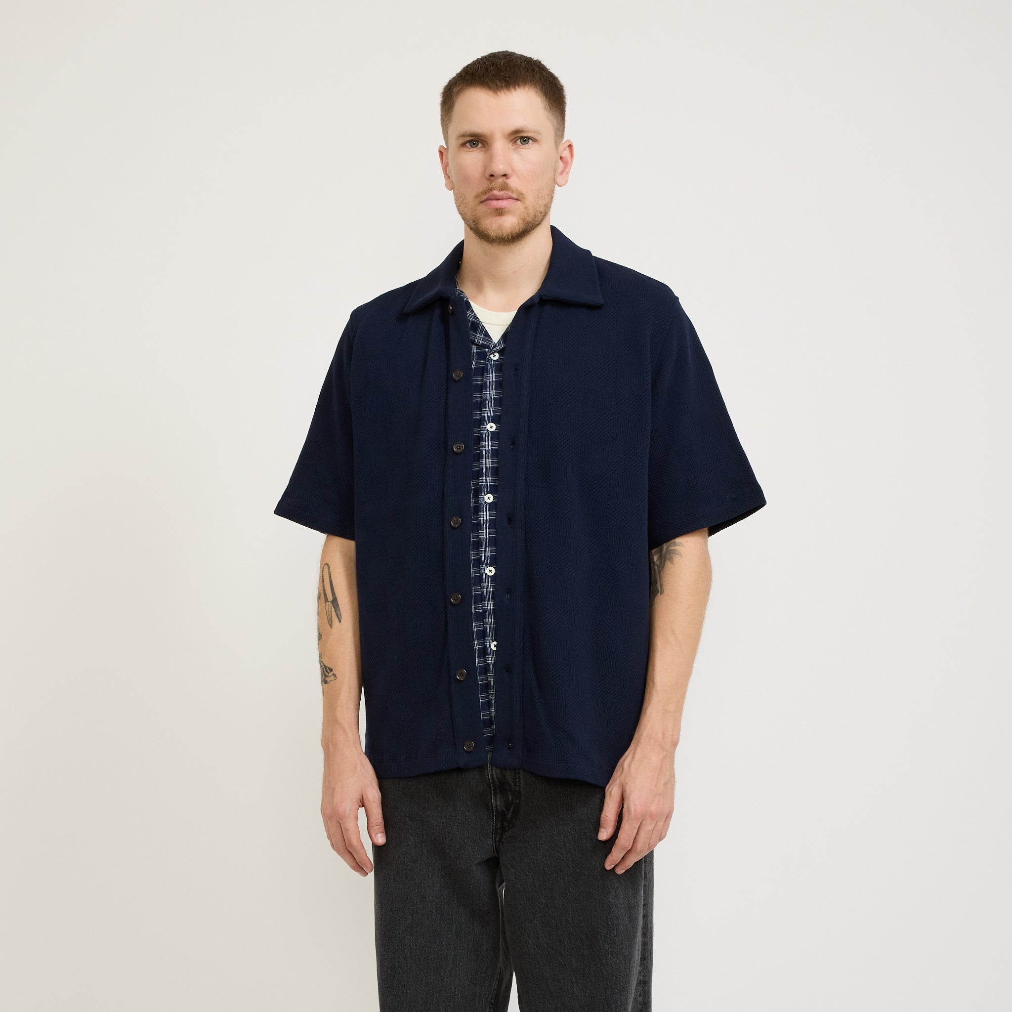 Universal Works | Button Through Polo Fantasy Checkerboard Bright Navy | Maplestore