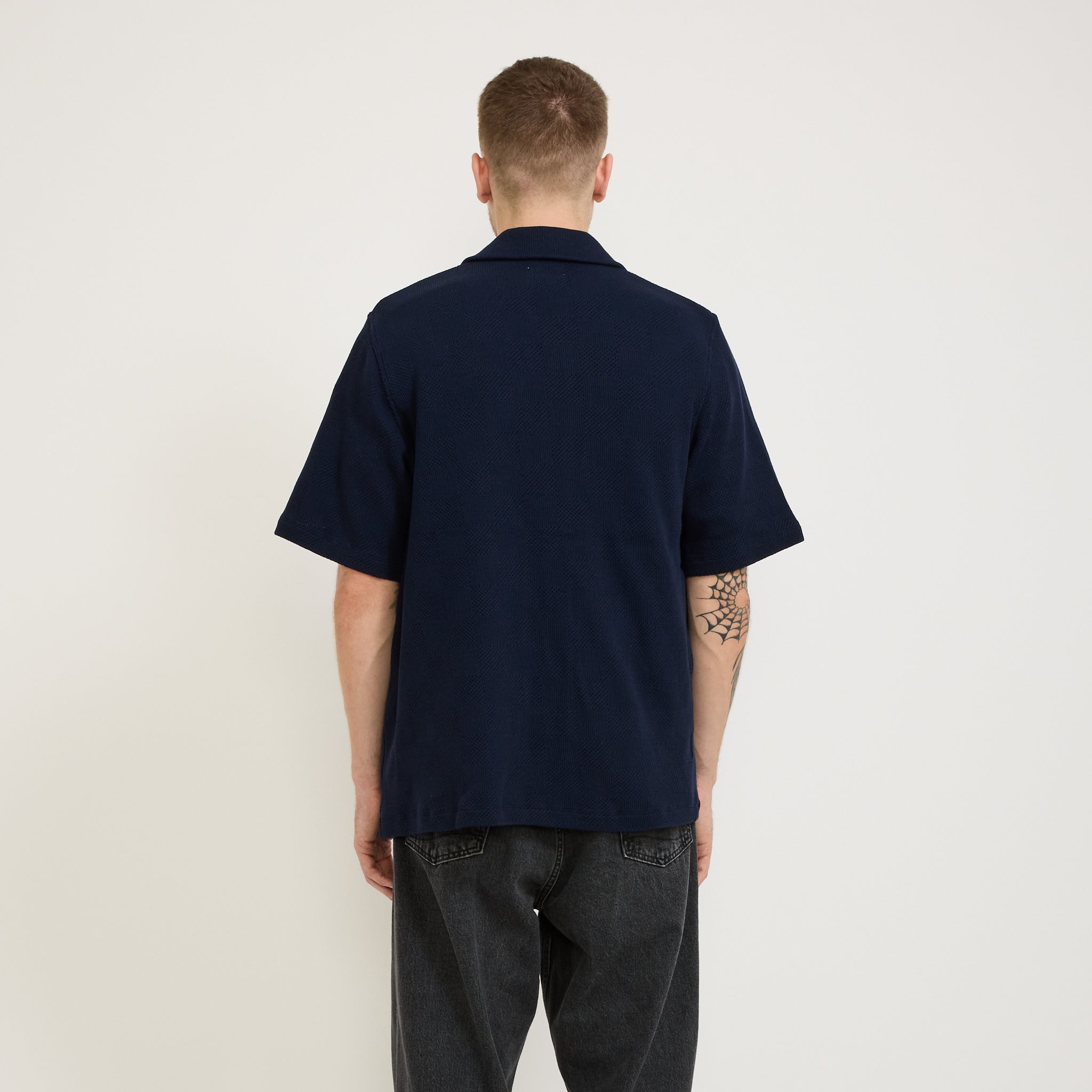 Universal Works | Button Through Polo Fantasy Checkerboard Bright Navy | Maplestore