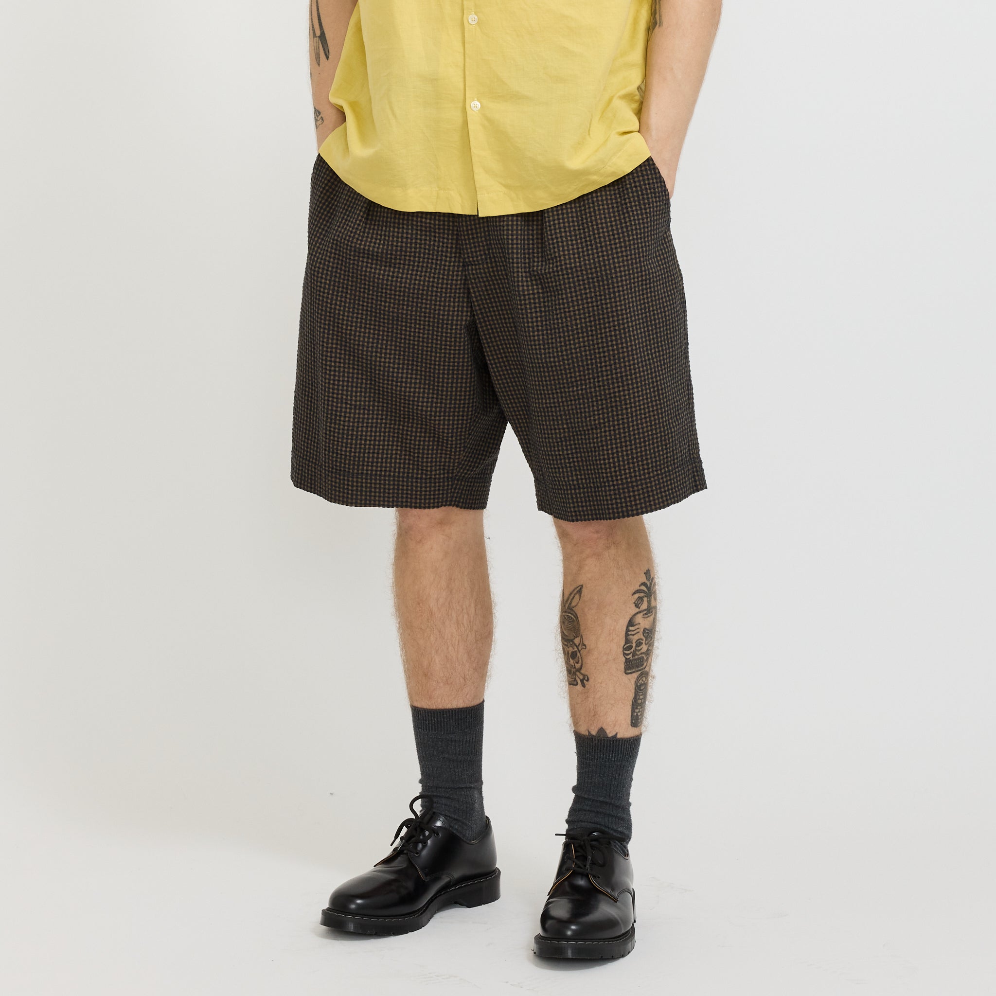 Universal Works | Pleated Track Short Japanese Seersucker Navy | Maplestore