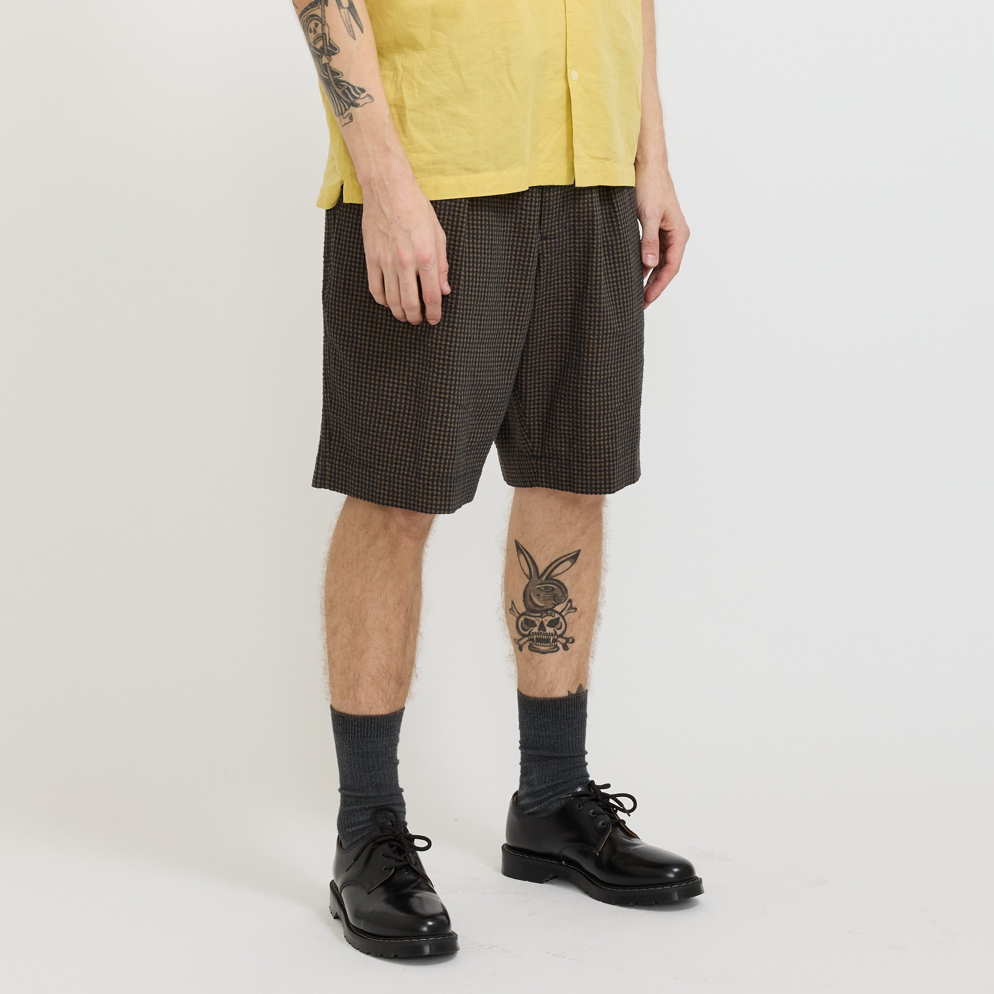 Universal Works | Pleated Track Short Japanese Seersucker Navy | Maplestore