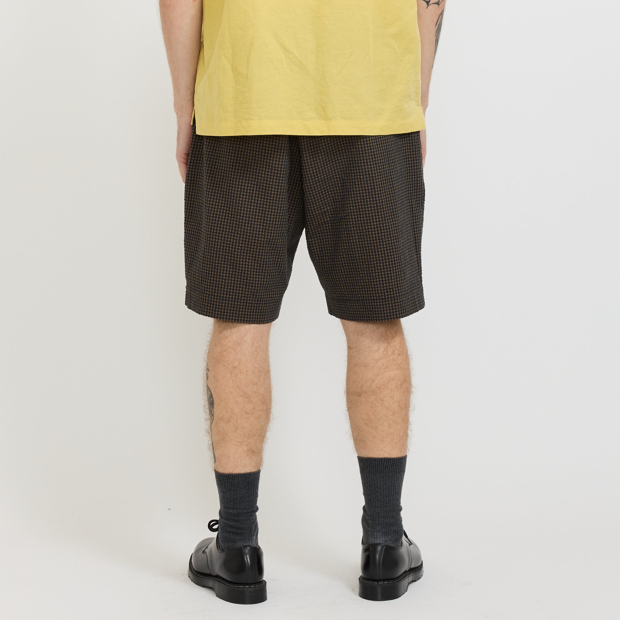 Universal Works | Pleated Track Short Japanese Seersucker Navy | Maplestore