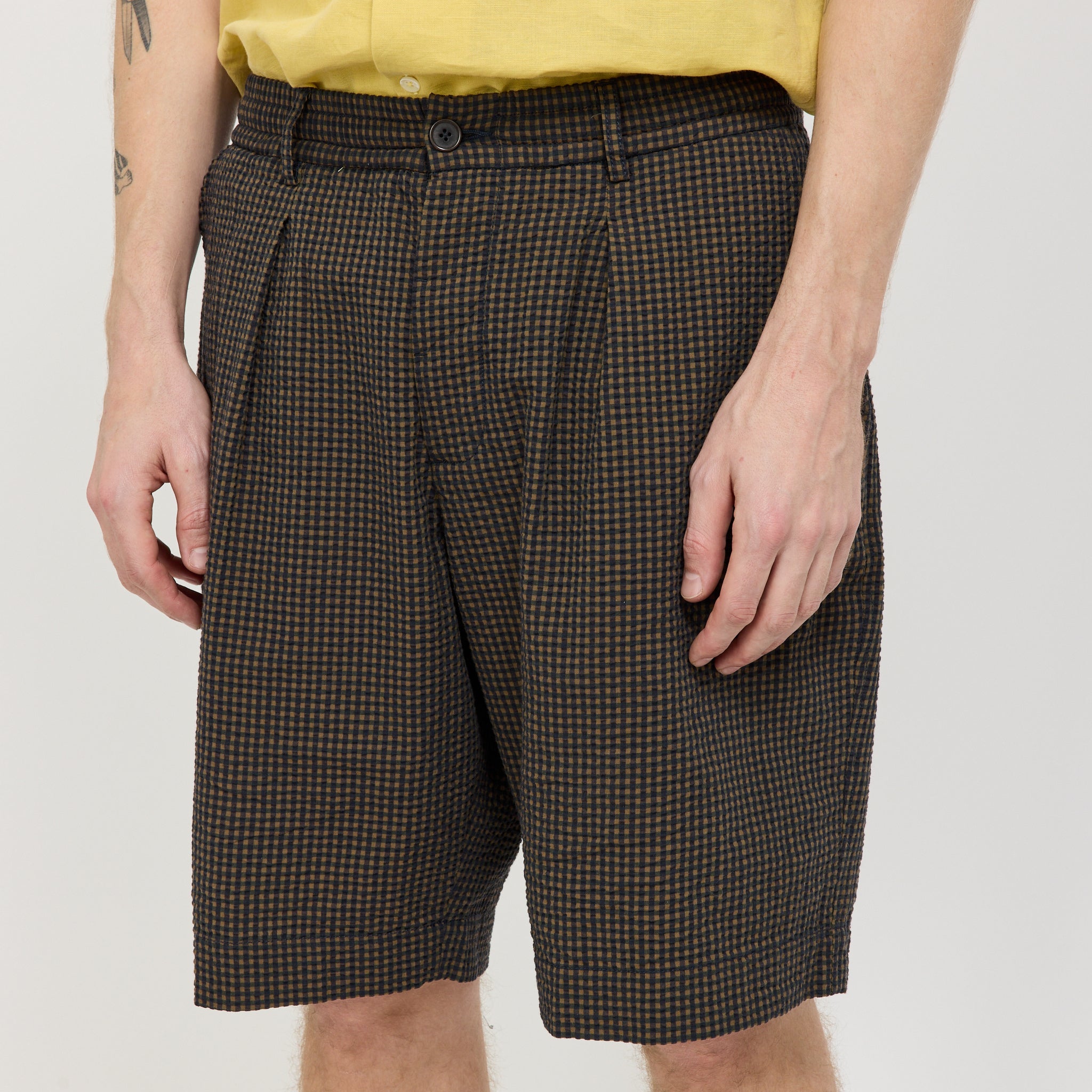 Universal Works | Pleated Track Short Japanese Seersucker Navy | Maplestore