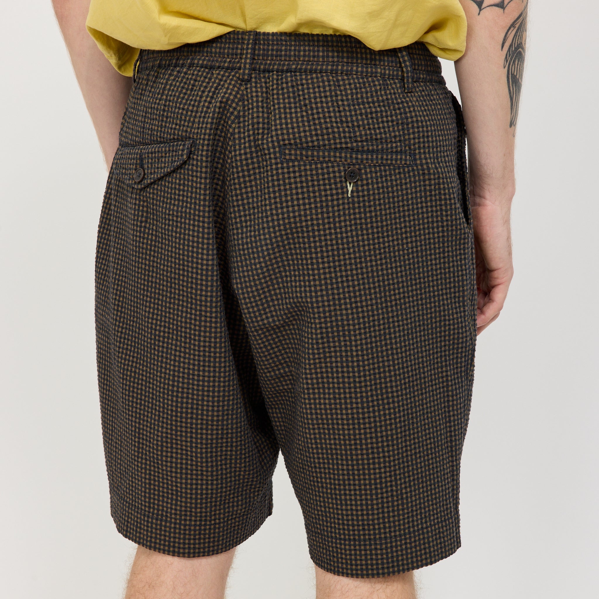 Universal Works | Pleated Track Short Japanese Seersucker Navy | Maplestore