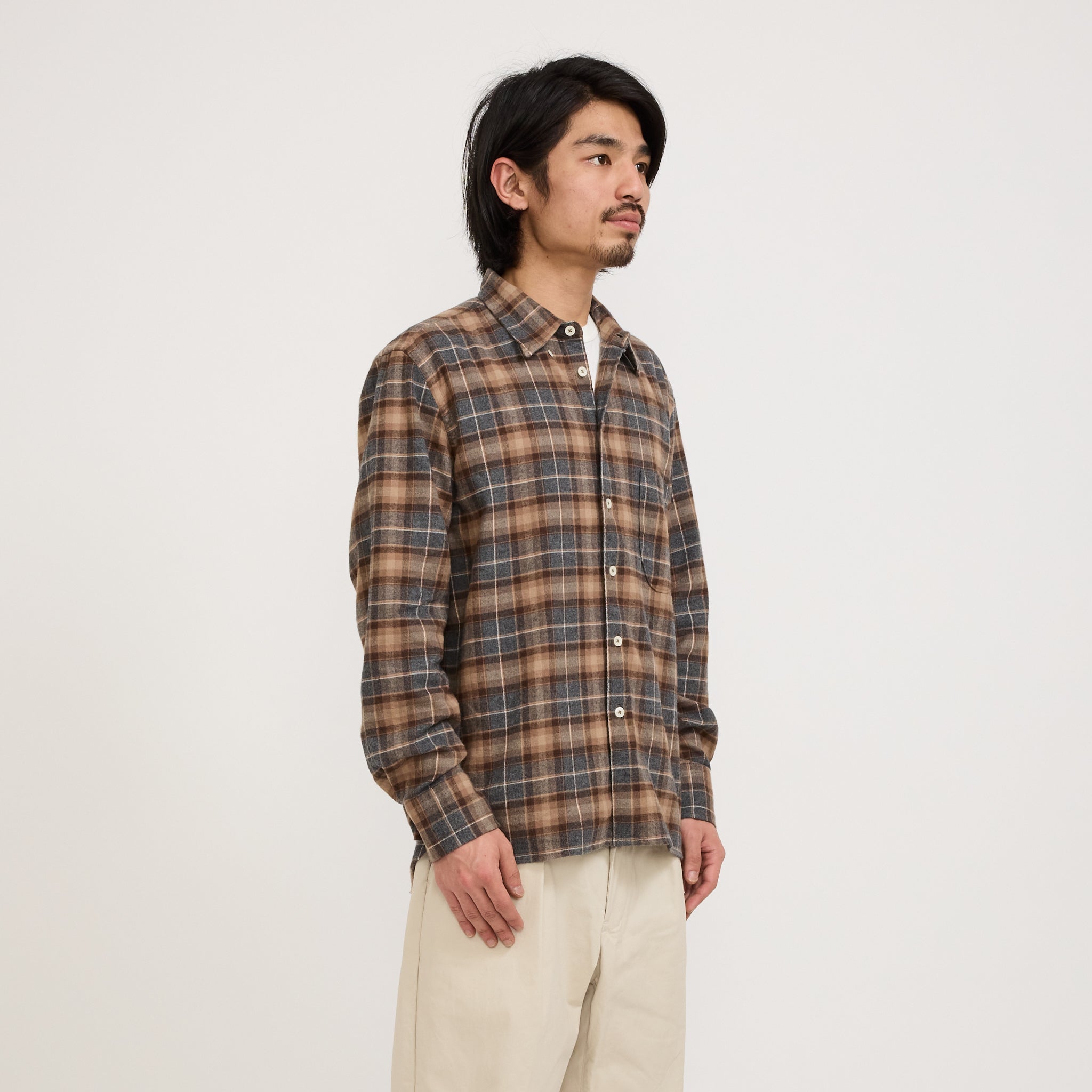 Universal Works | Lazy Day Shirt Brushed Twill Check Brown/Grey | Maplestore