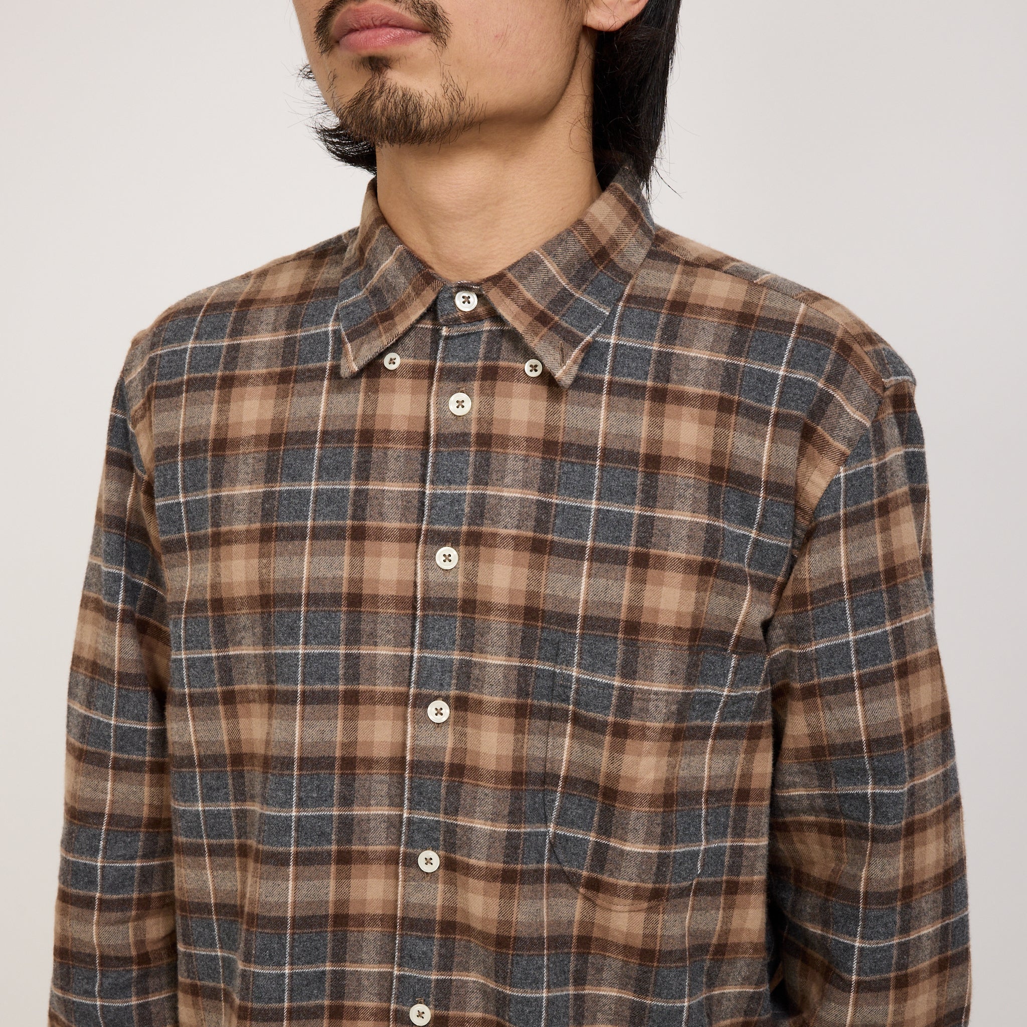 Universal Works | Lazy Day Shirt Brushed Twill Check Brown/Grey | Maplestore