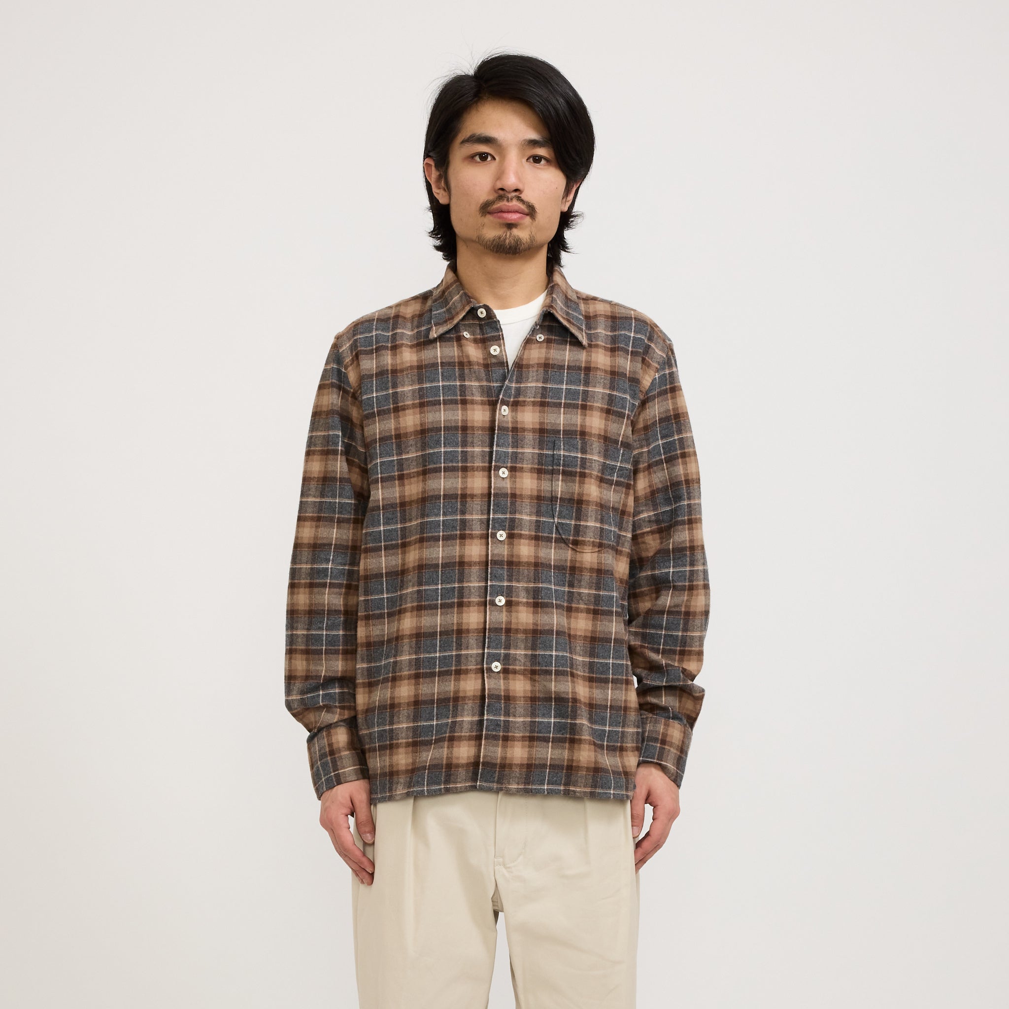 Universal Works | Lazy Day Shirt Brushed Twill Check Brown/Grey | Maplestore