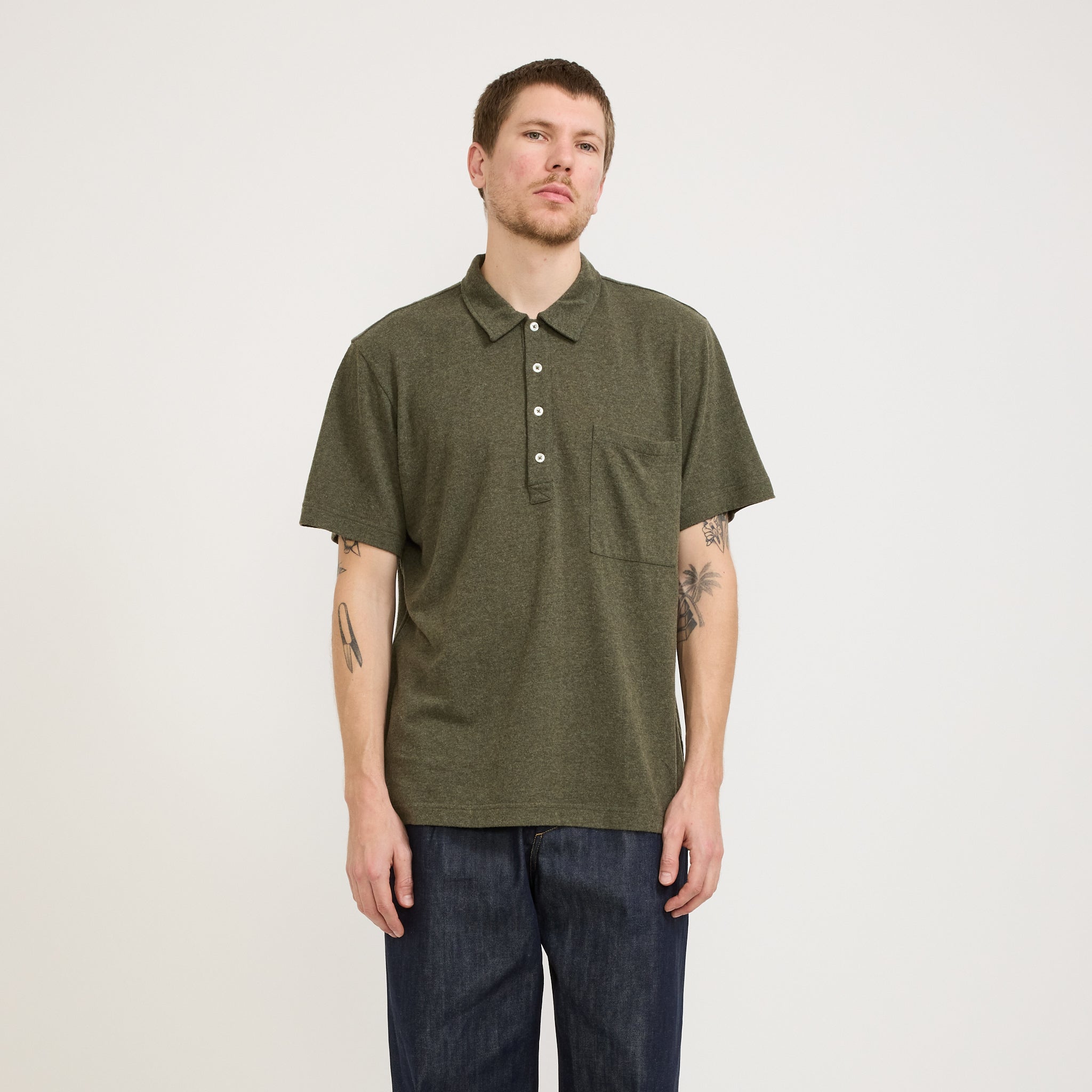 Universal Works | Pullover SS Shirt Olive Recycled Wool Mix | Maplestore