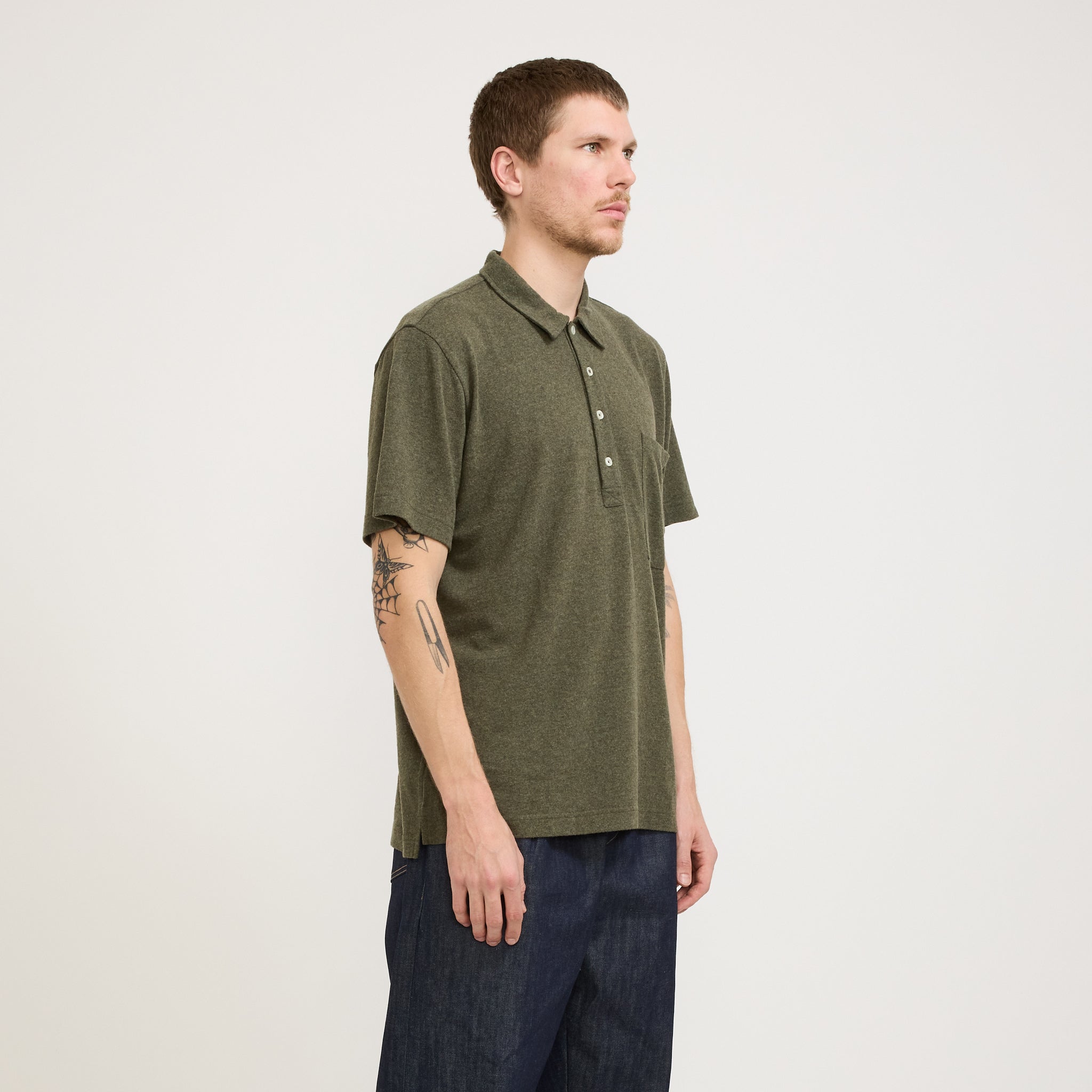 Universal Works | Pullover SS Shirt Olive Recycled Wool Mix | Maplestore