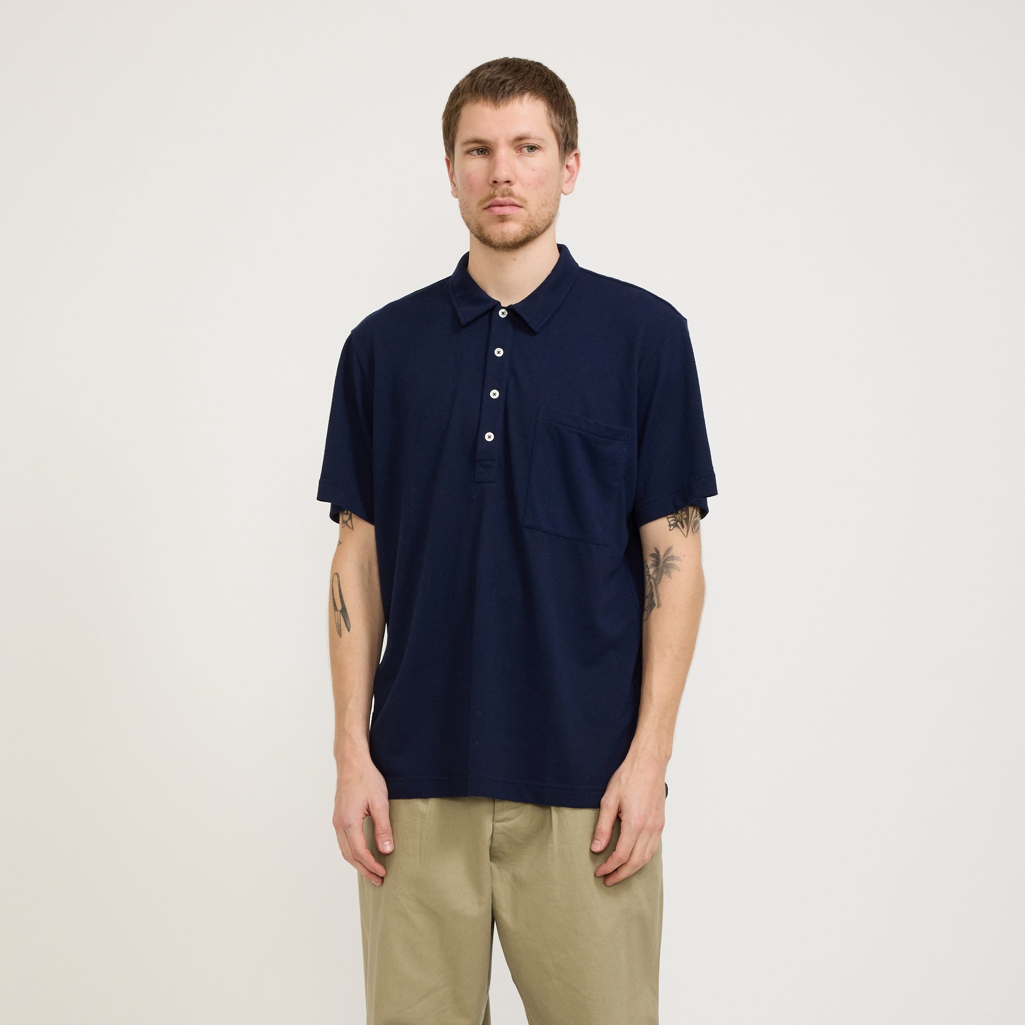 Universal Works | Pullover SS Shirt Navy Recycled Wool Mix | Maplestore
