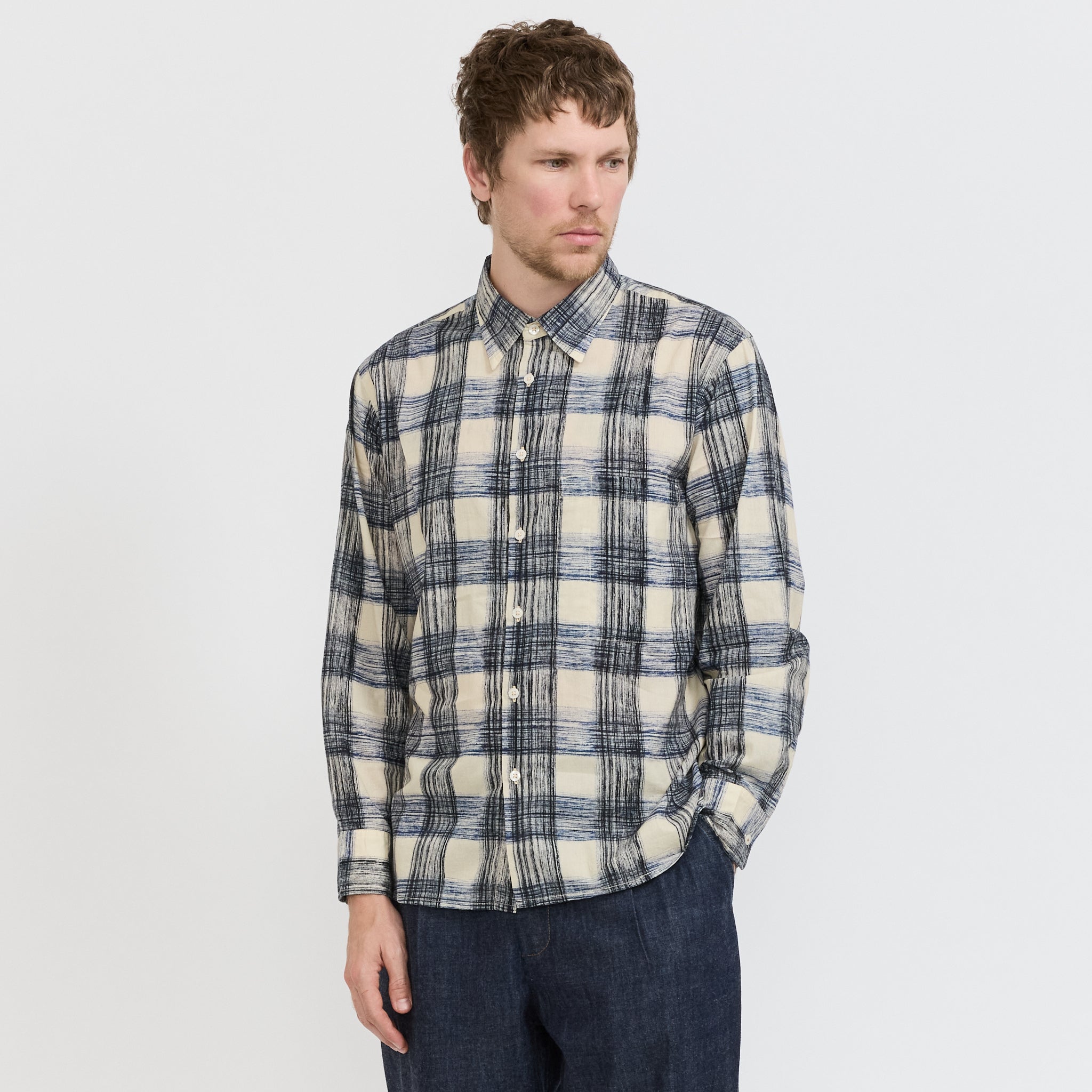 Square Pocket Shirt Window Panes Navy