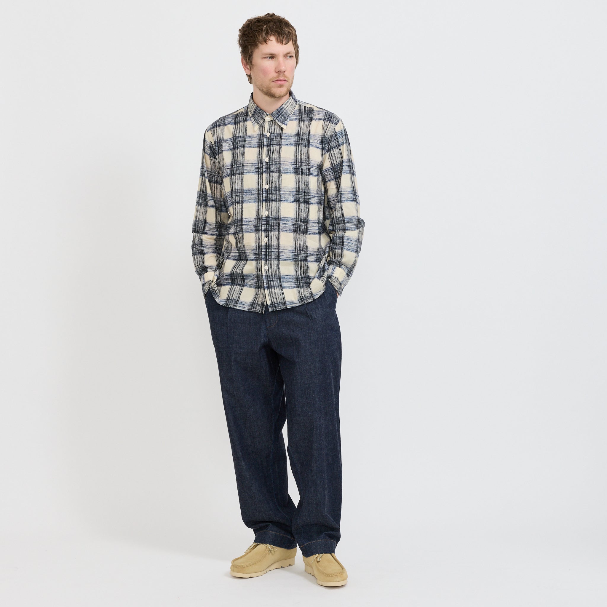 Square Pocket Shirt Window Panes Navy