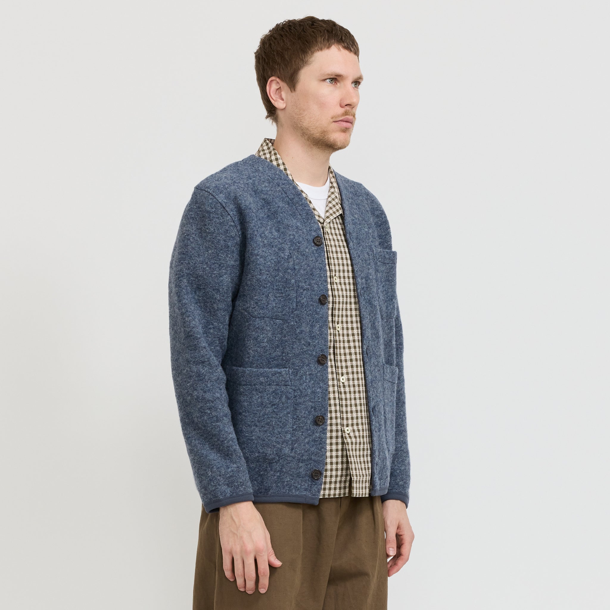 Universal Works | Wool Fleece Cardigan Slate Blue | Maplestore