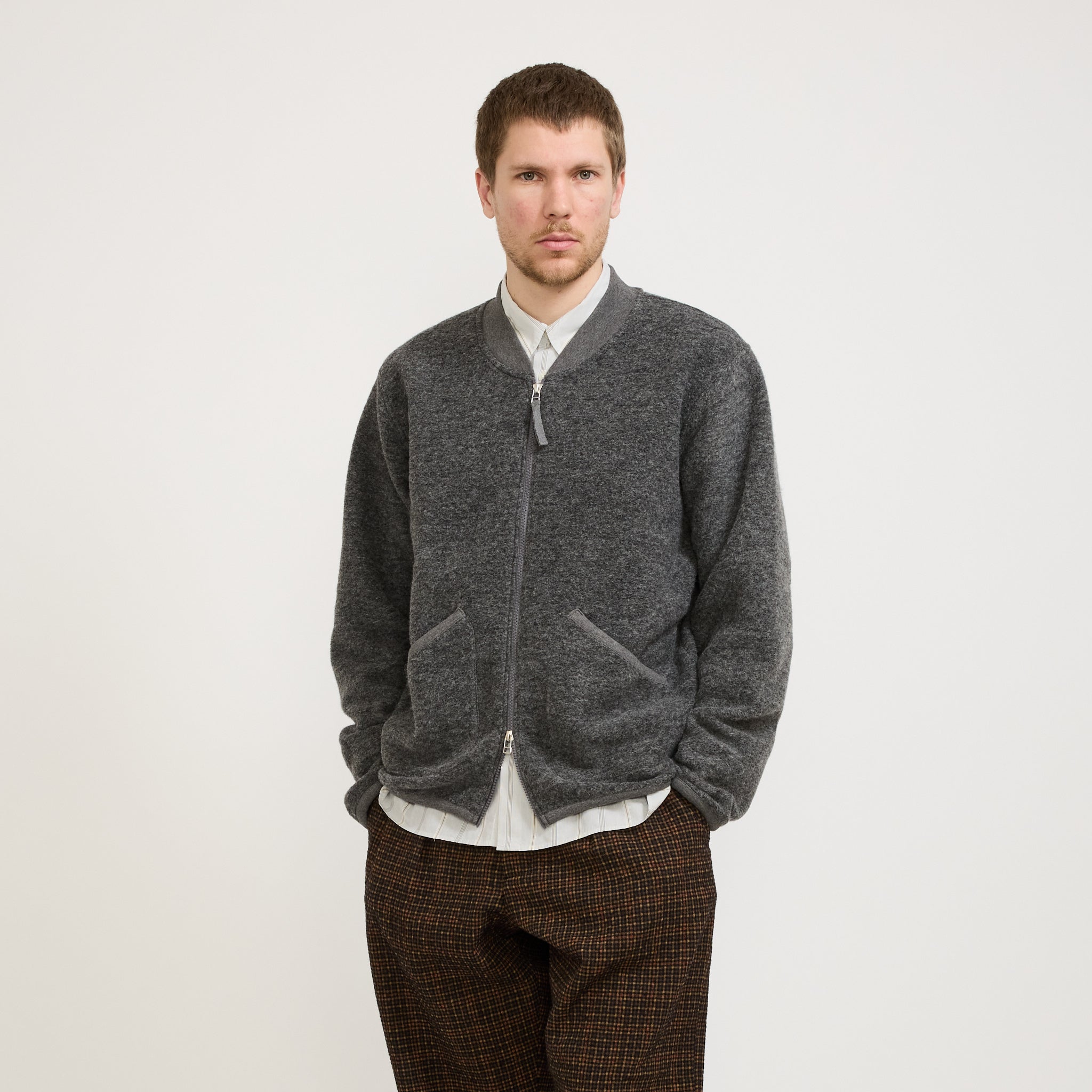 Universal Works | Wool Fleece Zip Bomber Grey Marle | Maplestore