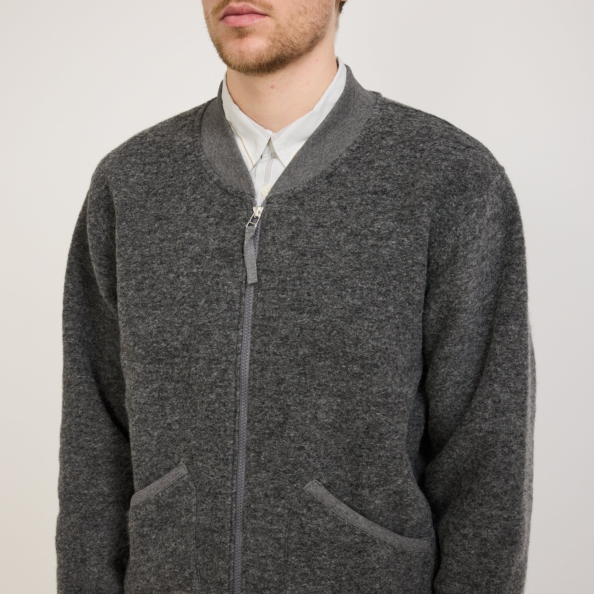 Universal Works | Wool Fleece Zip Bomber Grey Marle | Maplestore