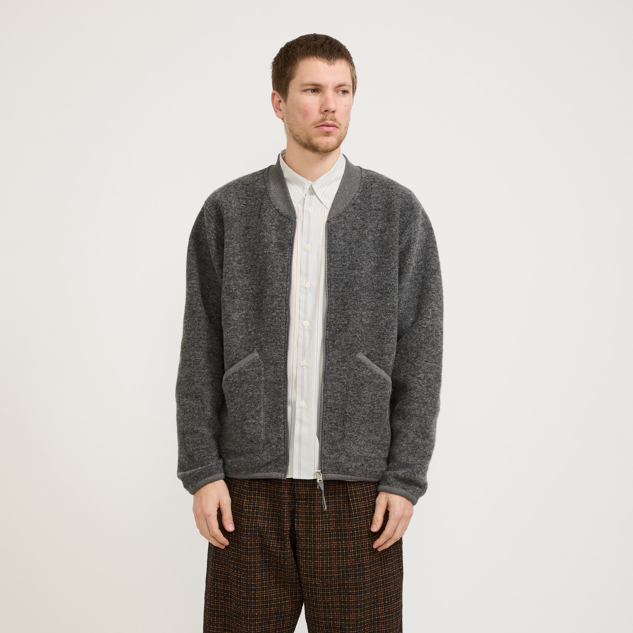 Universal Works | Wool Fleece Zip Bomber Grey Marle | Maplestore