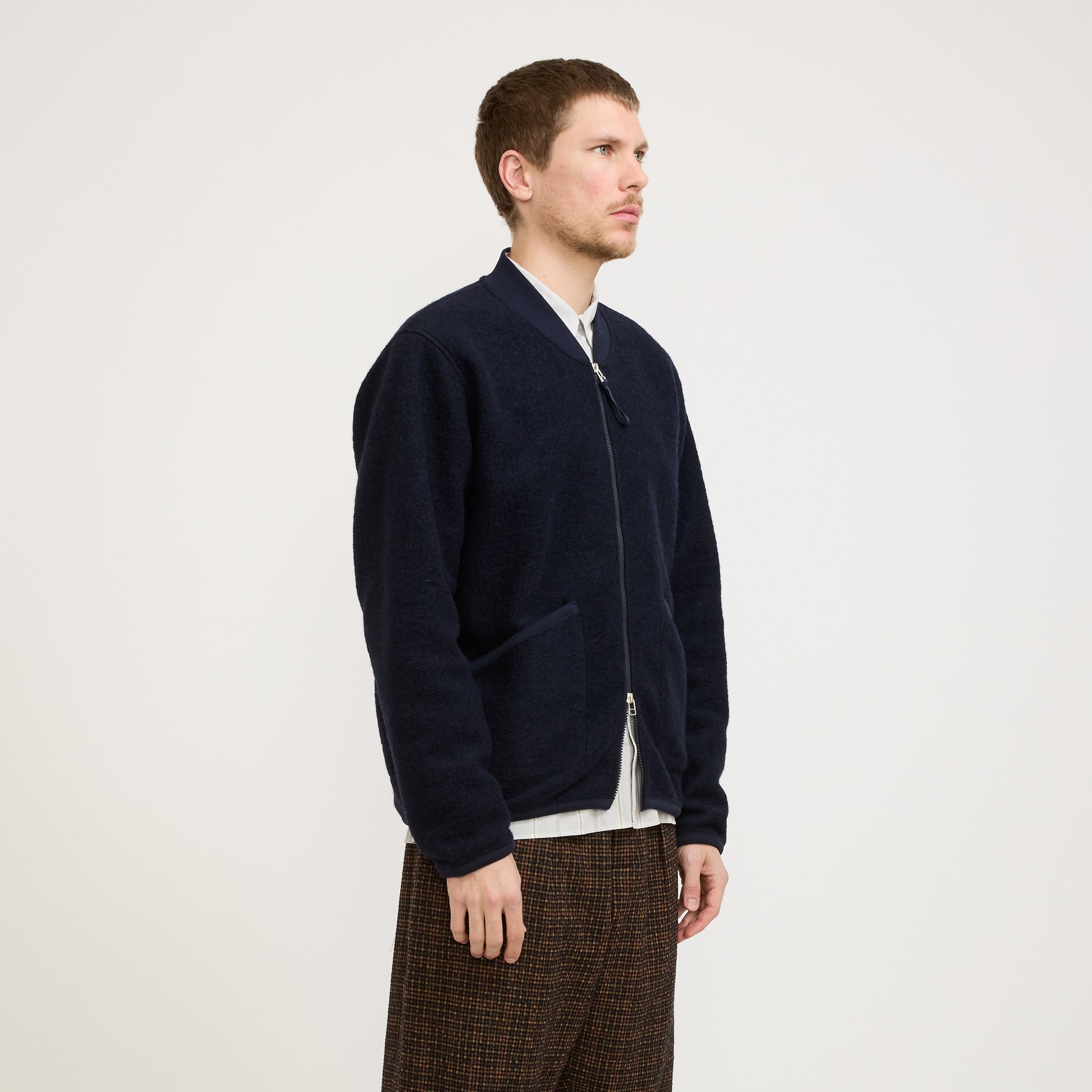 Universal Works | Wool Fleece Zip Bomber Navy | Maplestore