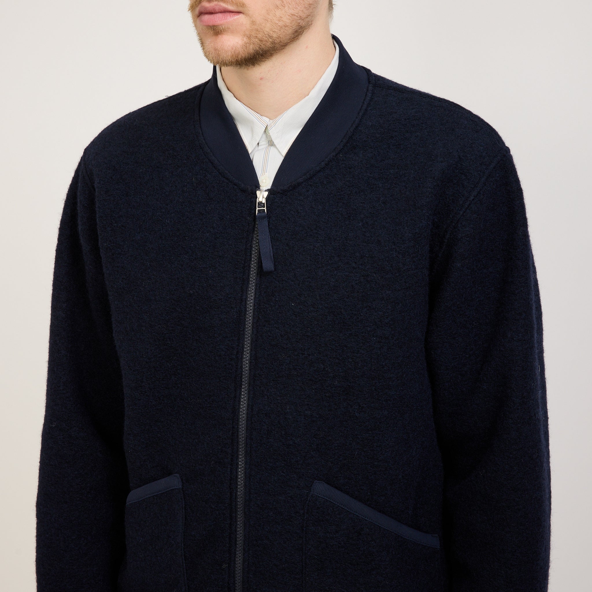 Universal Works | Wool Fleece Zip Bomber Navy | Maplestore