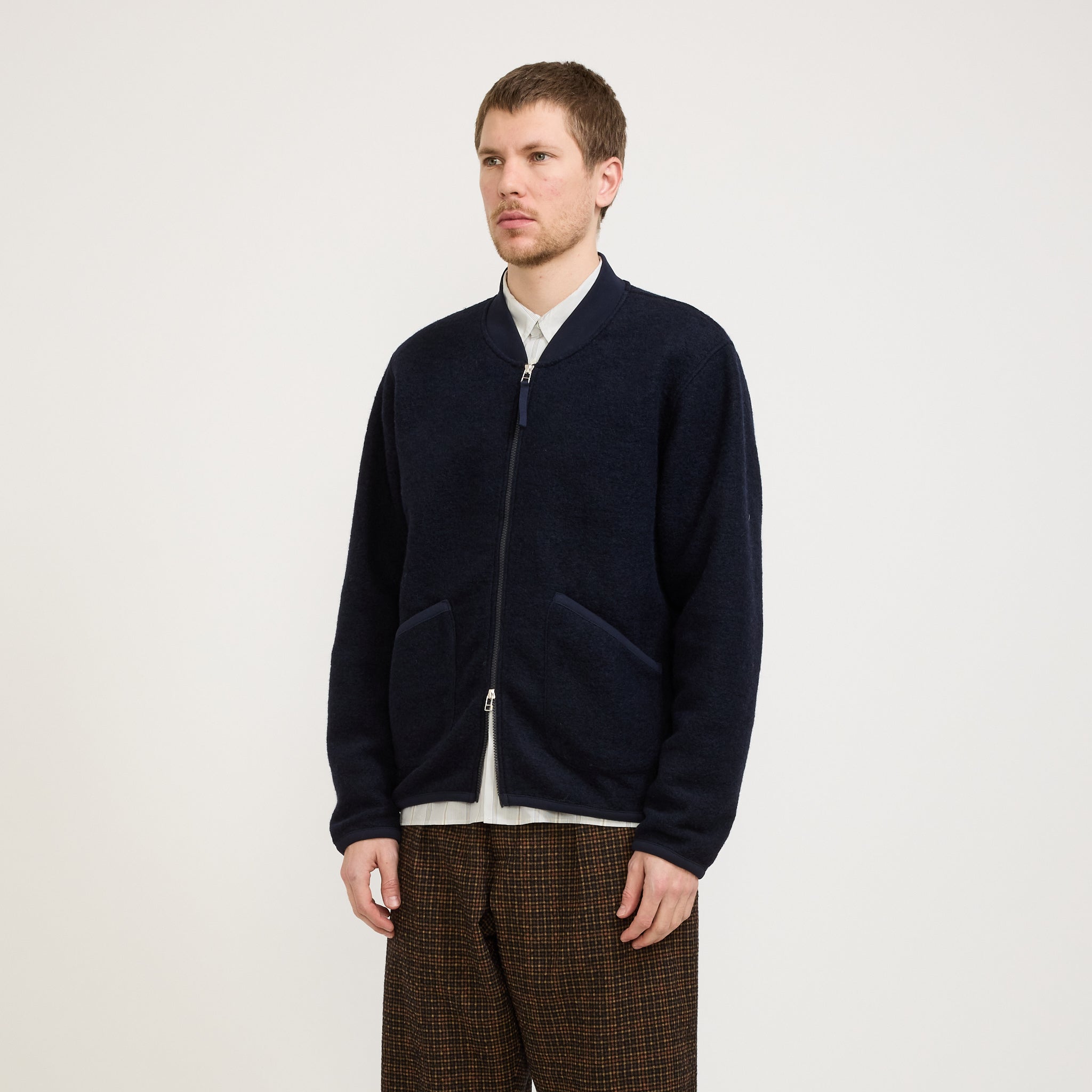 Universal Works | Wool Fleece Zip Bomber Navy | Maplestore