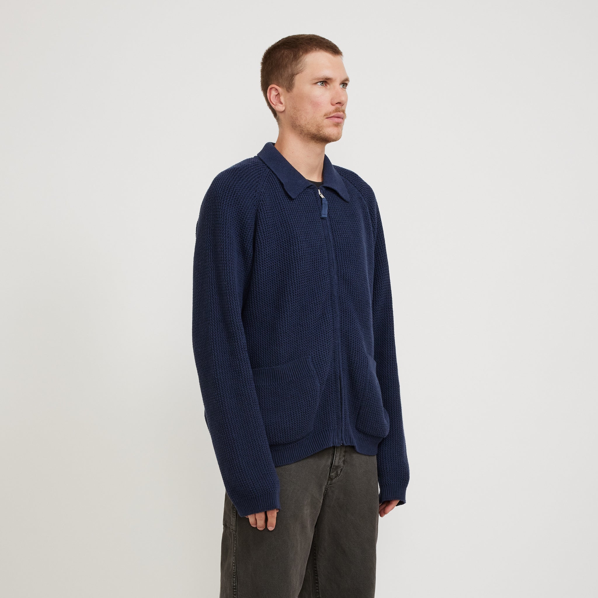 Universal Works | Zip Up Knit Eco Cotton Rack Stitch Indigo | Maplestore