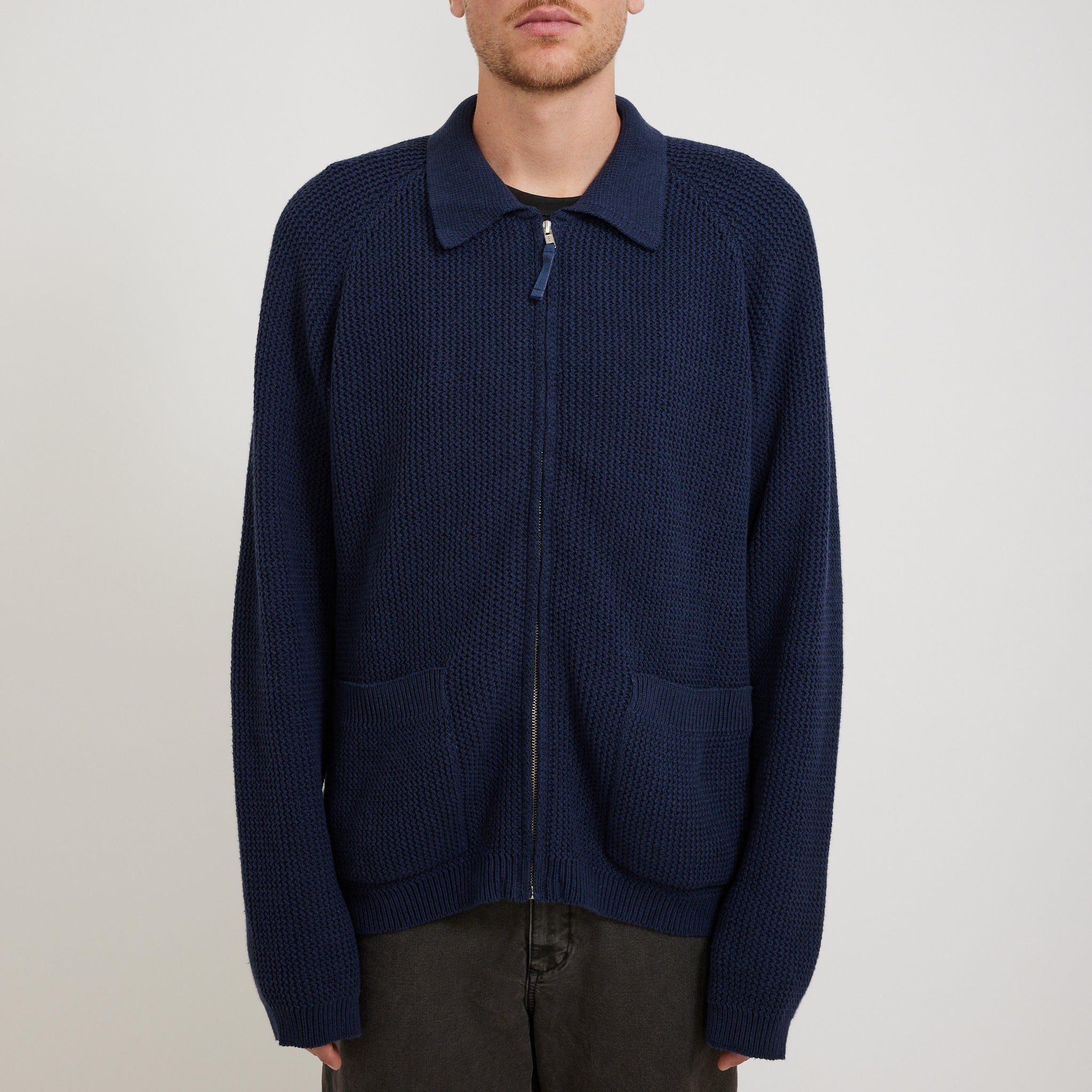 Universal Works | Zip Up Knit Eco Cotton Rack Stitch Indigo | Maplestore