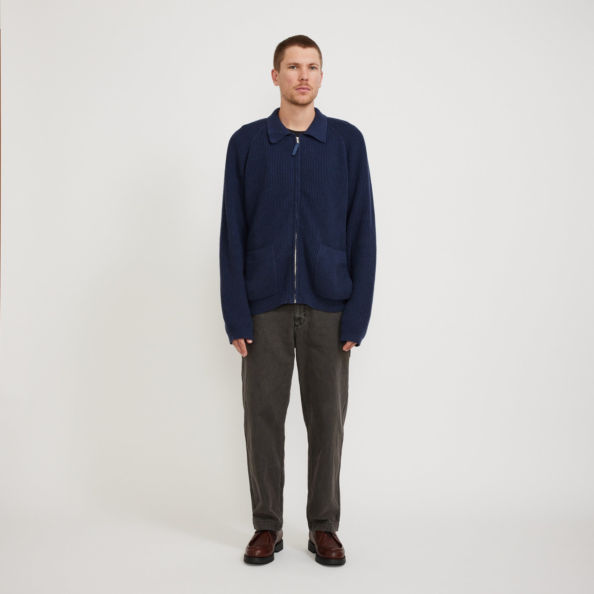 Universal Works | Zip Up Knit Eco Cotton Rack Stitch Indigo | Maplestore