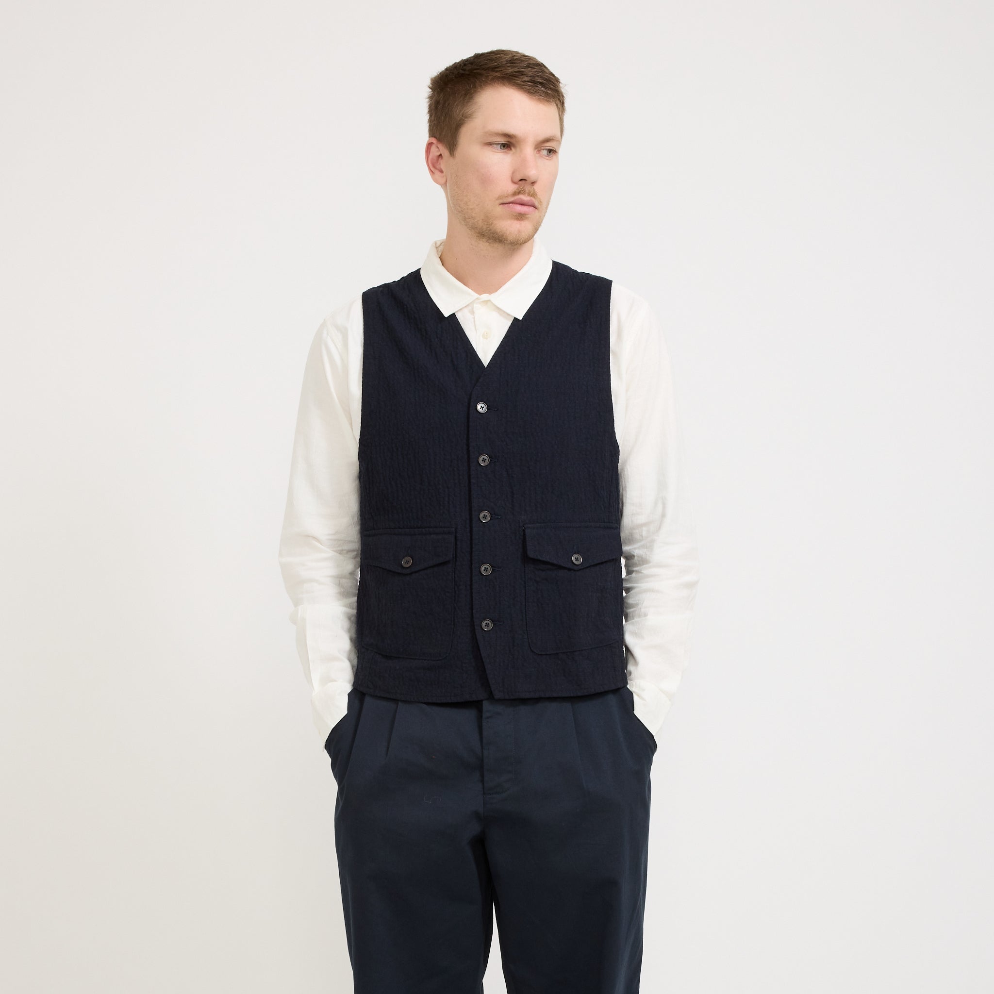 Universal Works | Field Waistcoat Ospina Cotton Dark Navy | Maplestore
