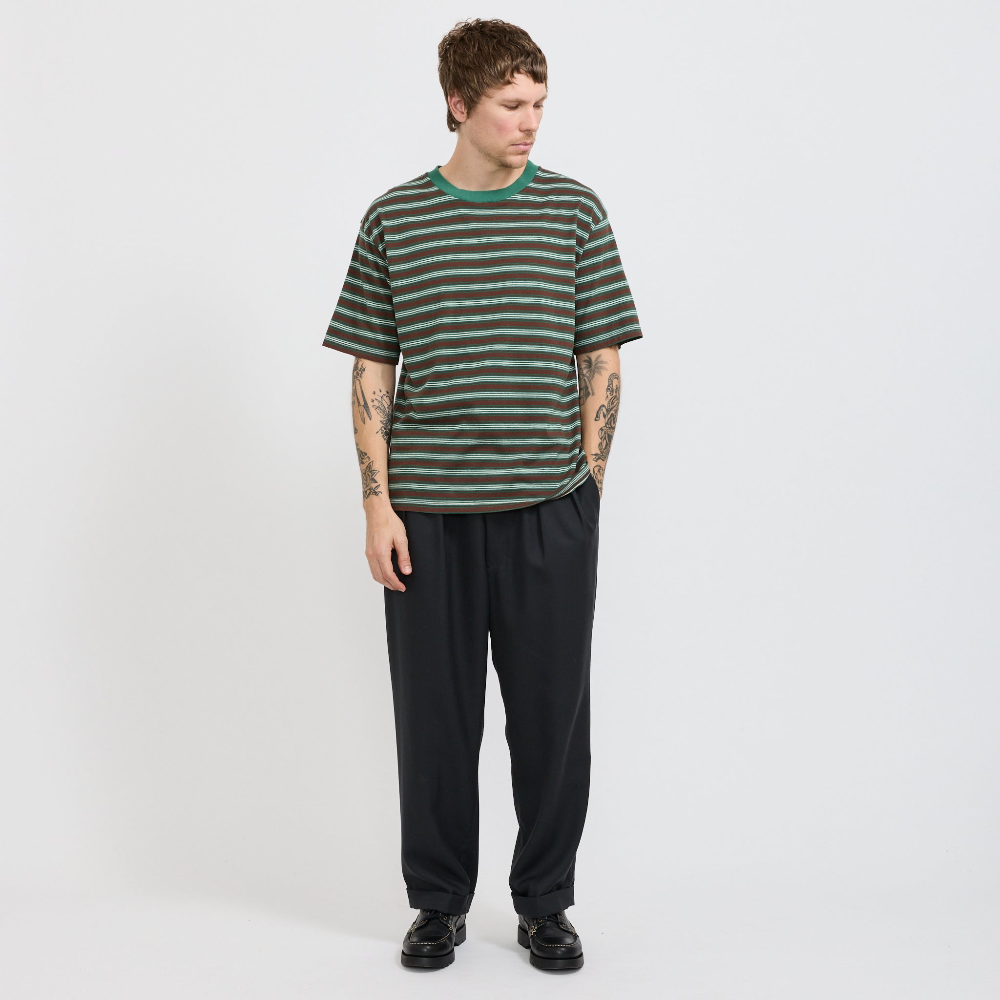 S/S Stripe Tee Dark Brown/Green
