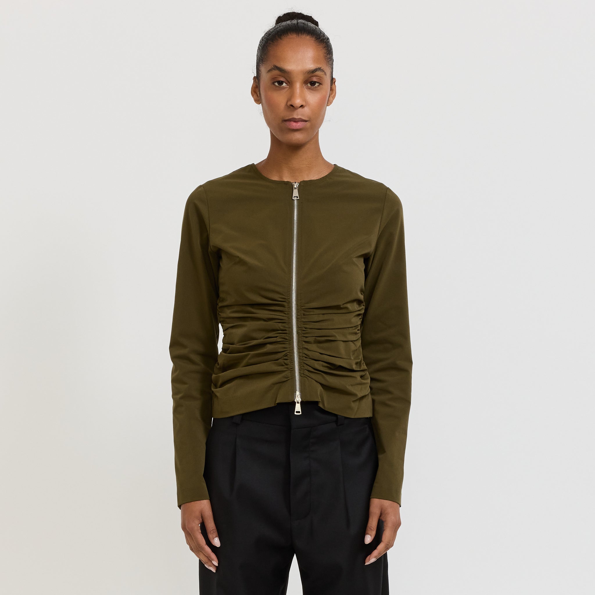 Zipper Long Sleeve Top Khaki