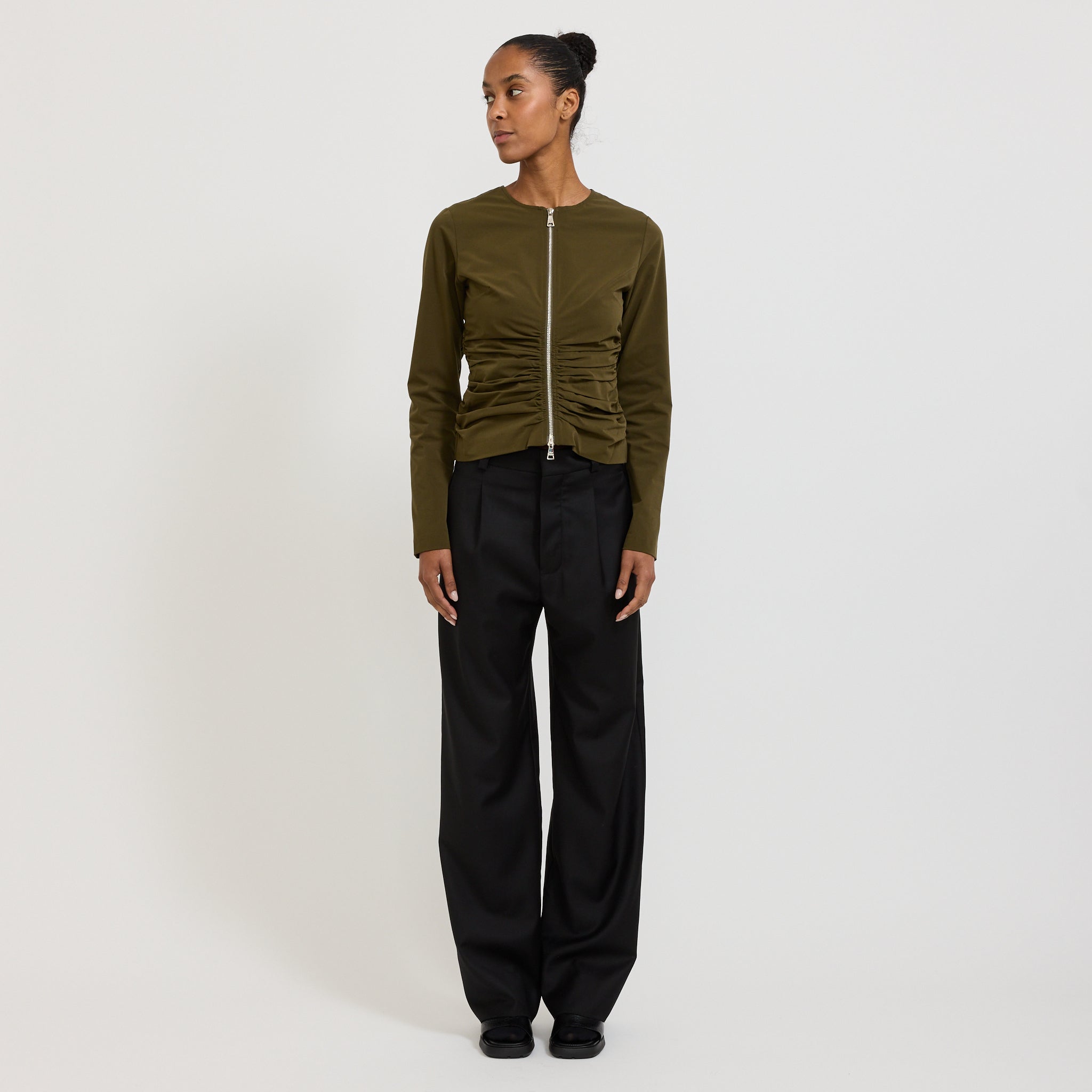 Zipper Long Sleeve Top Khaki