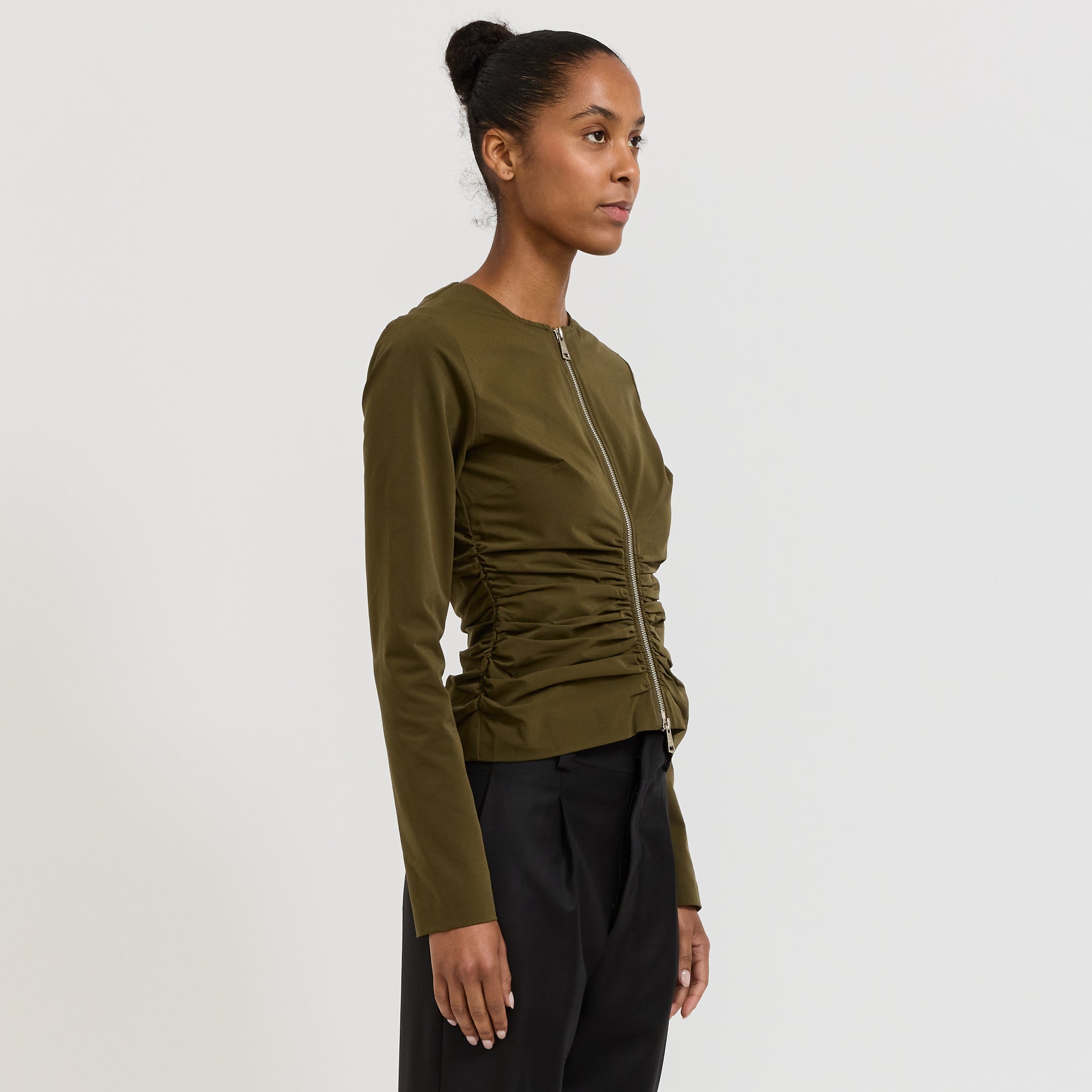 Zipper Long Sleeve Top Khaki