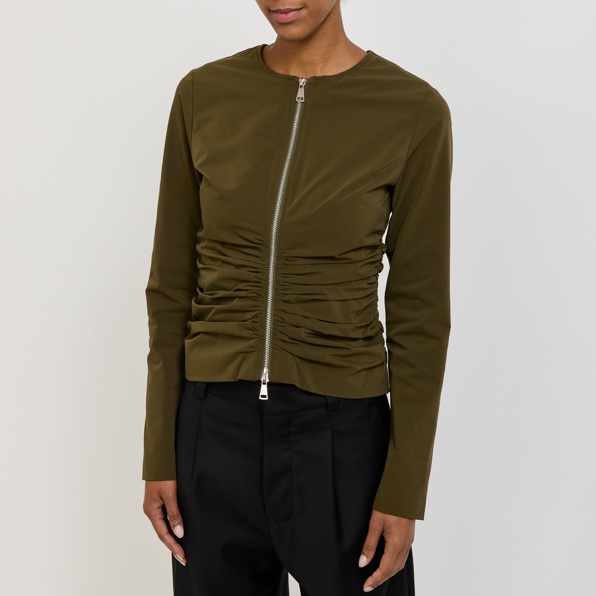 Zipper Long Sleeve Top Khaki