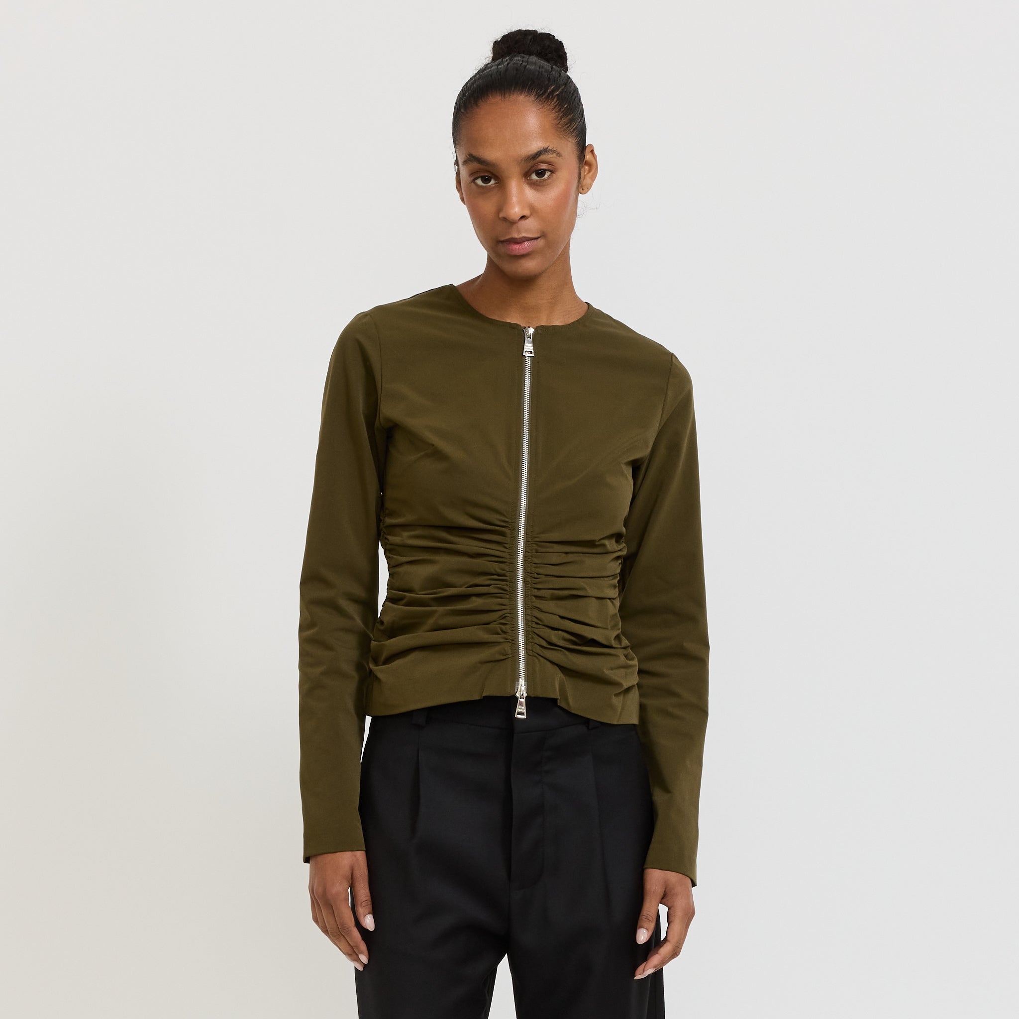 Zipper Long Sleeve Top Khaki