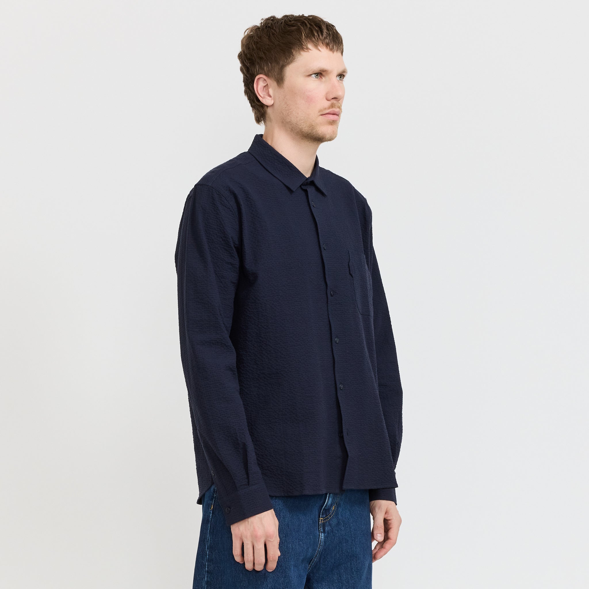 YMC | Curtis Shirt Navy Seersucker | Maplestore