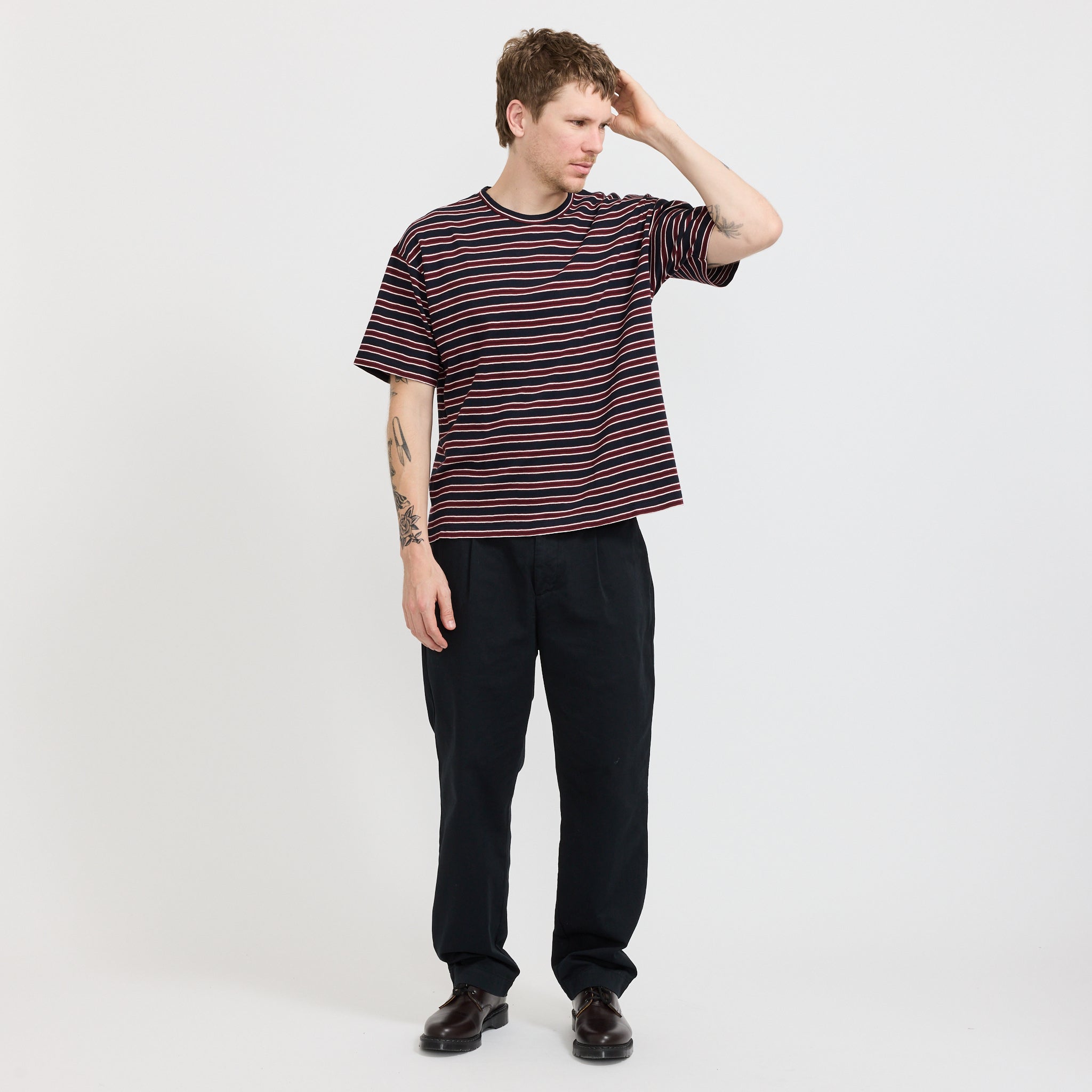 YMC | Triple T-Shirt Stripe Navy Burgundy | Maplestore