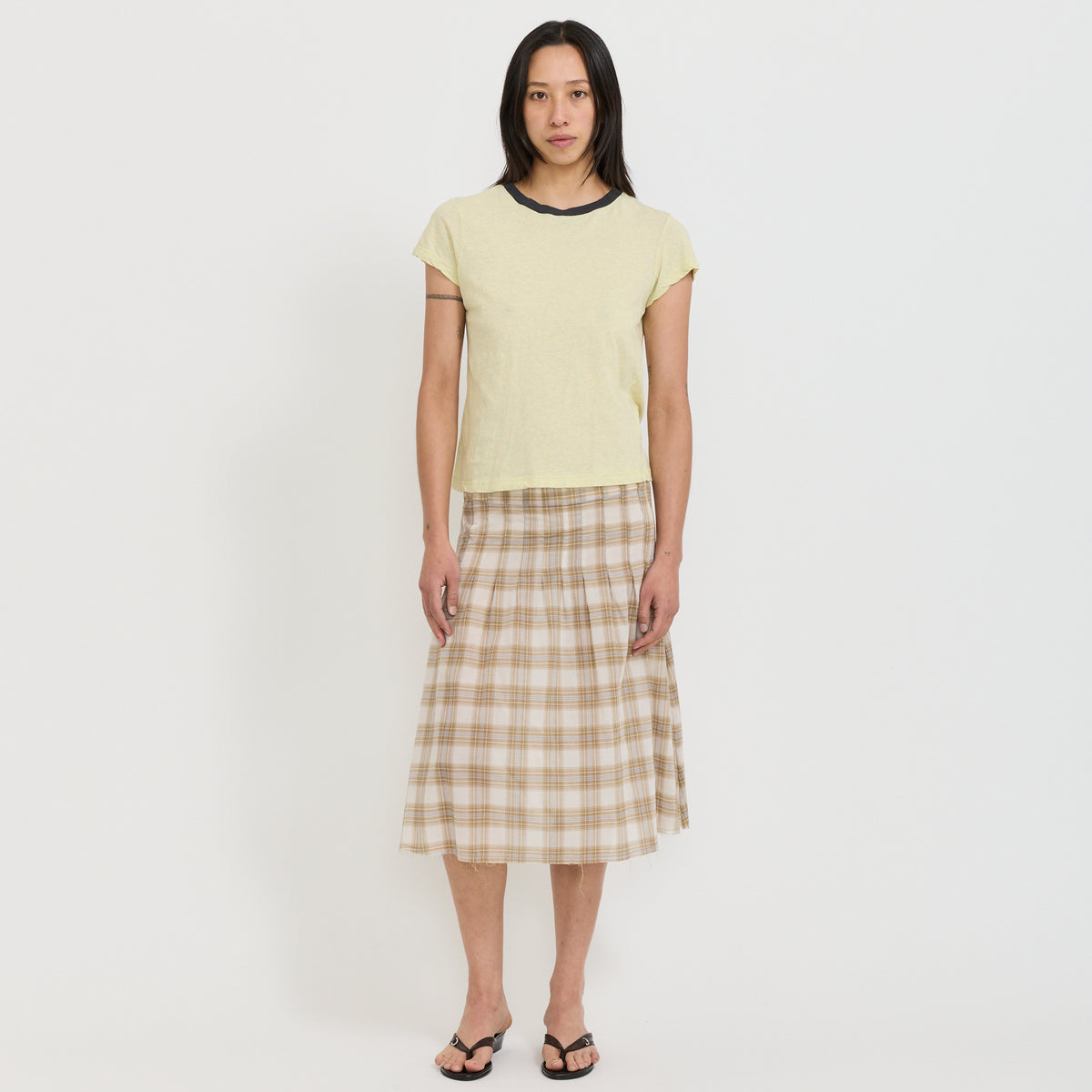 Bassike | Check Pleat Pintstitch Skirt Taupe Check | Maplestore