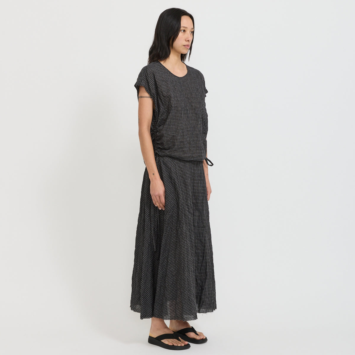 Bassike | Gathered Check Drawstring Top Black Check | Maplestore