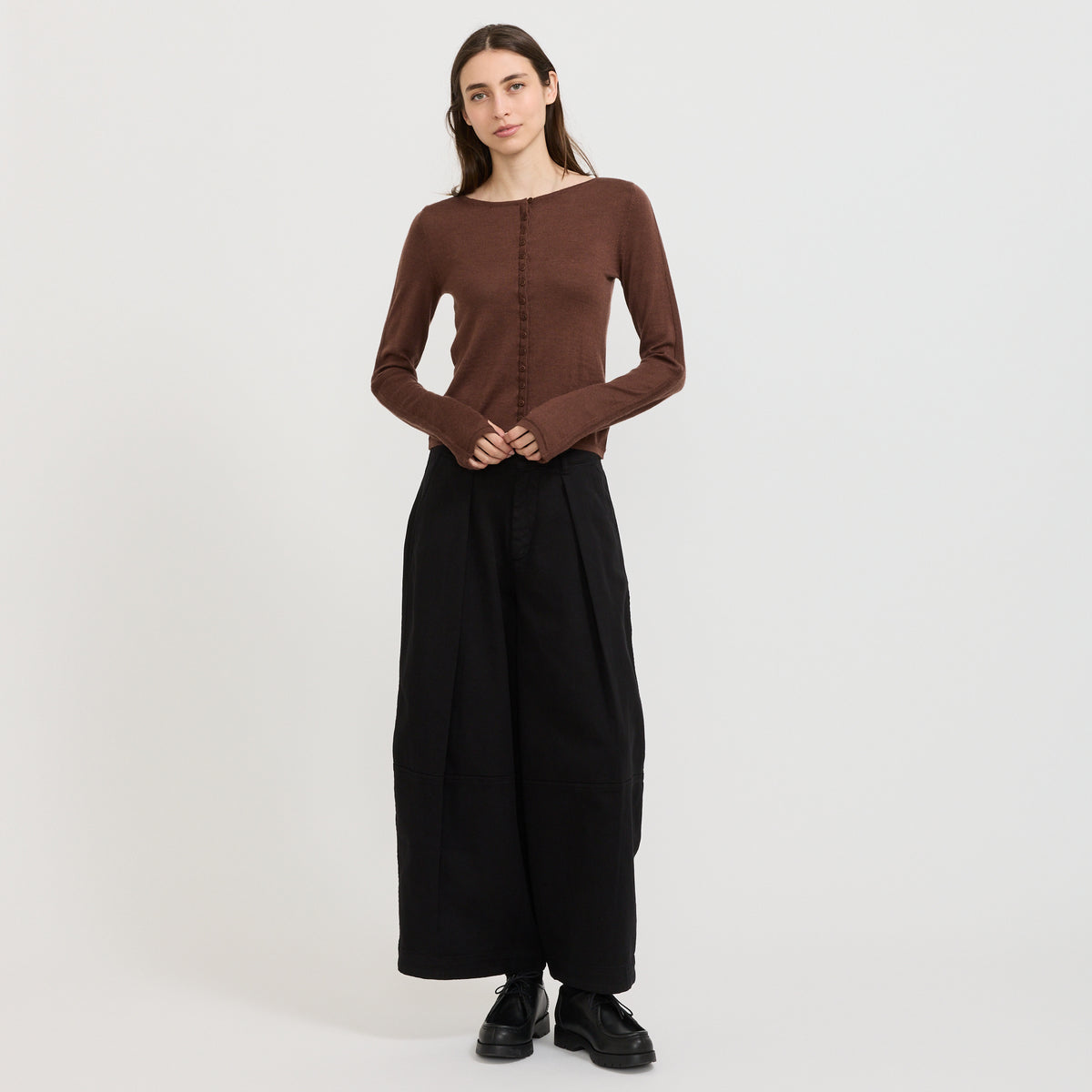 YMC Natalie Cardigan in Dark Brown - model 3