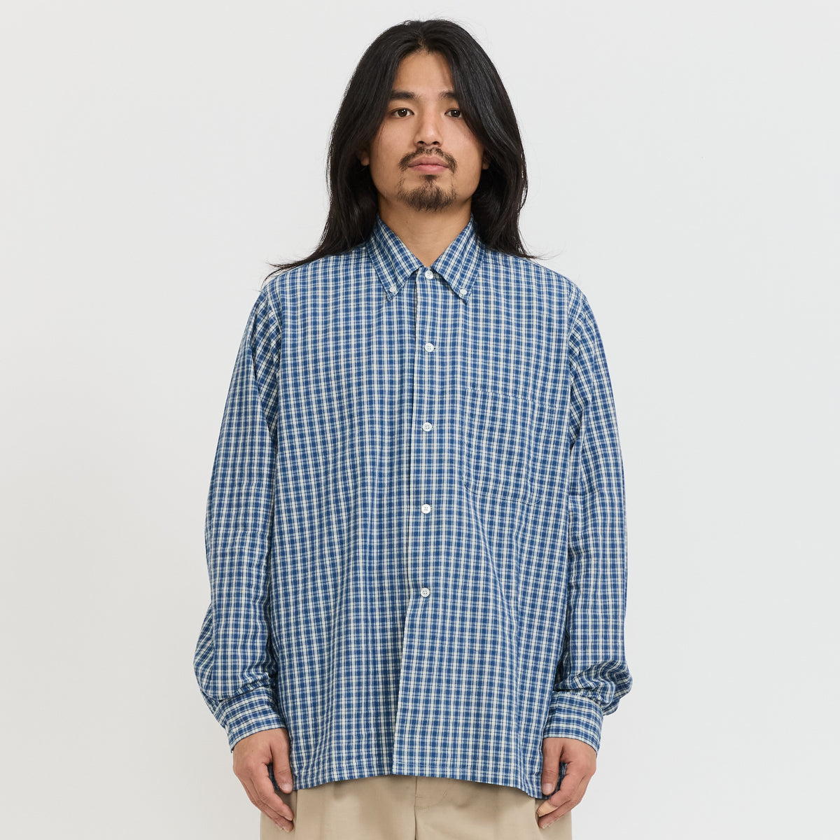 Beams Plus | Open BD Indigo Check Shirt Blue | Maplestore