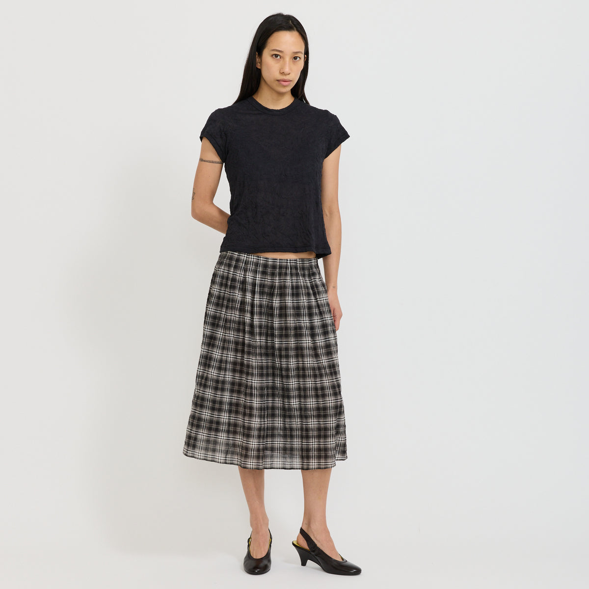 Fine Check Gathered Skirt Black/Taupe Check
