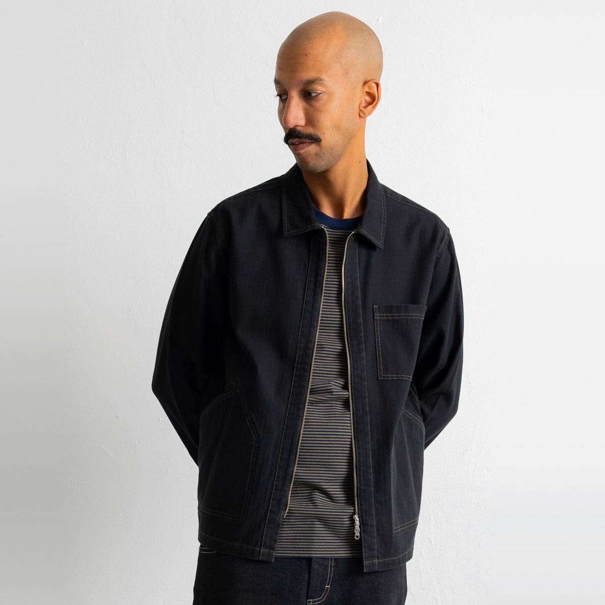 Zip Overshirt Black Herringbone