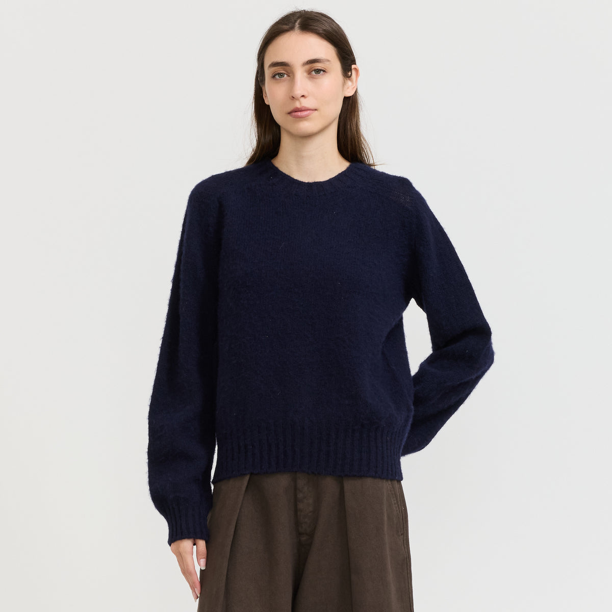 YMC Jets Crew Knit in Navy - model retry 3