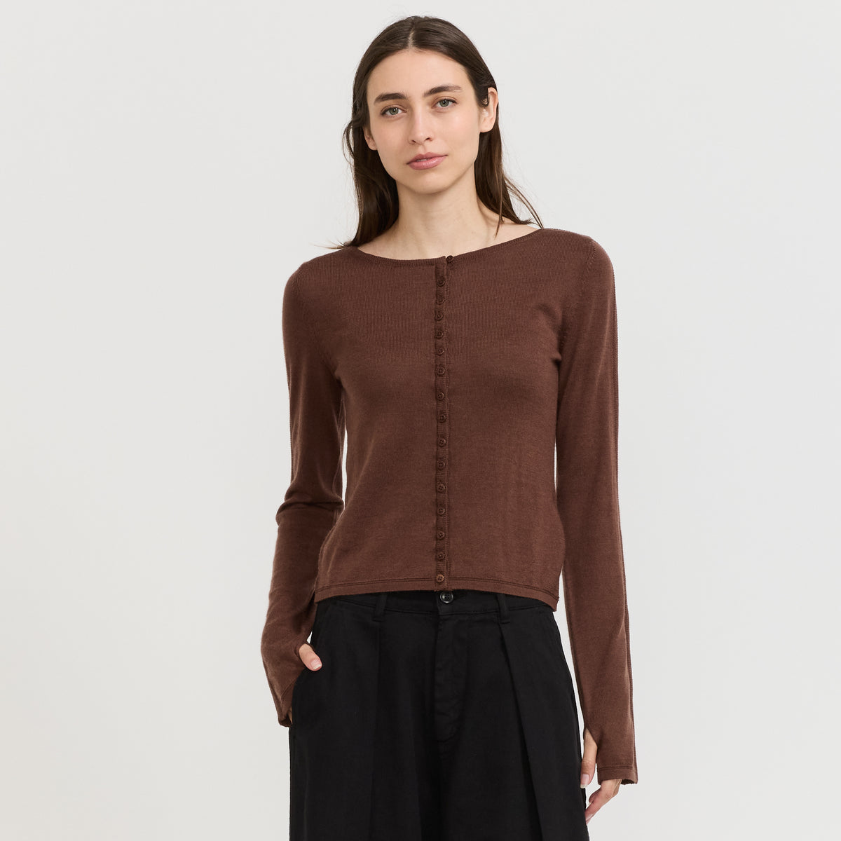 YMC Natalie Cardigan in Dark Brown - model 1