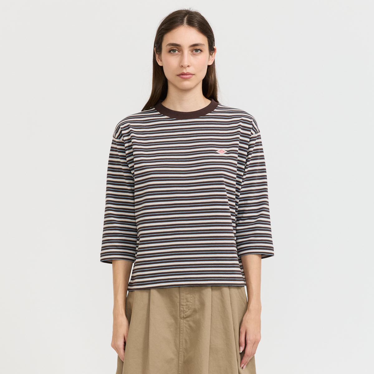 Danton | Womens Crew Neck 3/4 Sleeve T-Shirt Dark Brown/Beige/Sax Multi | Maplestore