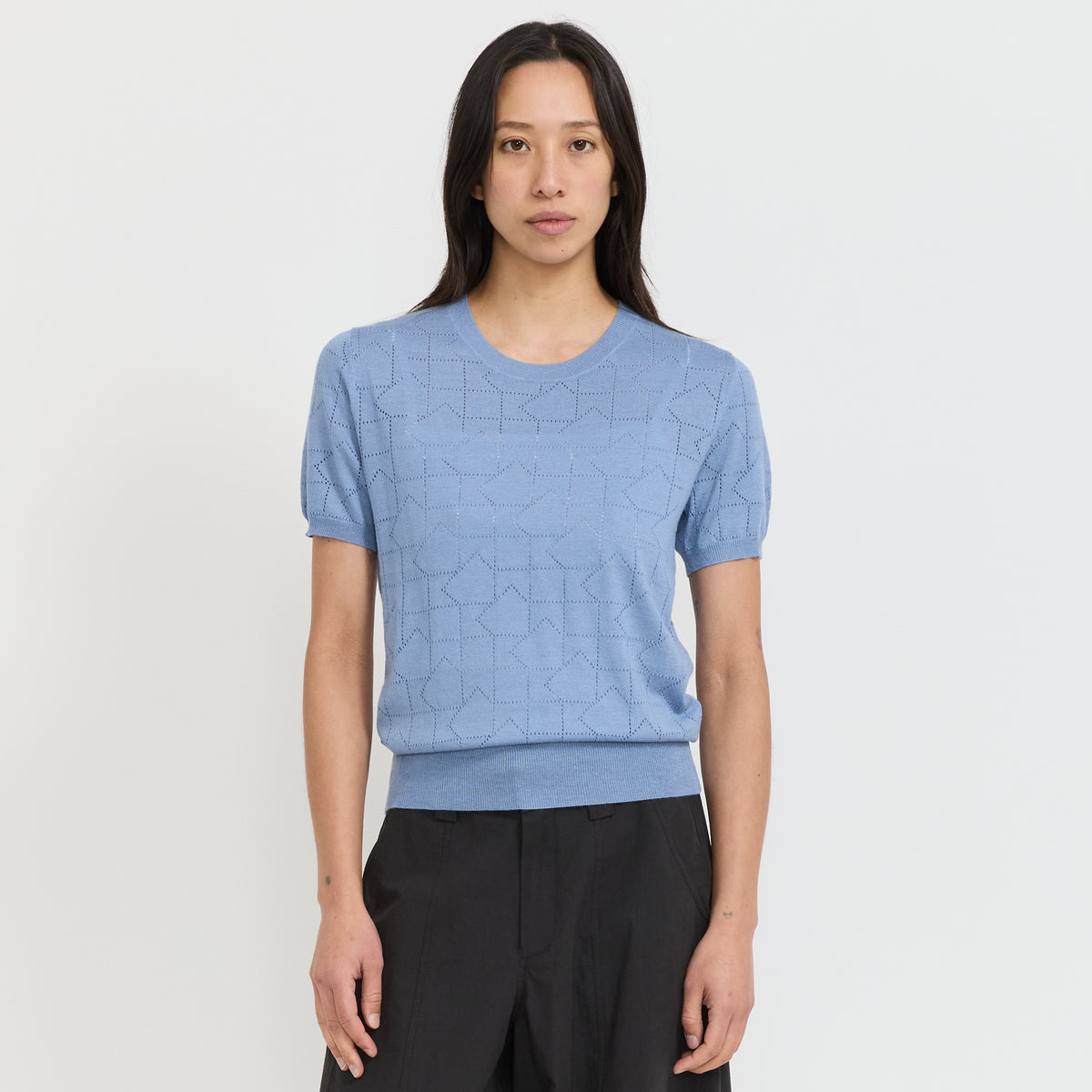 Karen Walker | Monogram Pointelle Knit Tee Light Blue | Maplestore