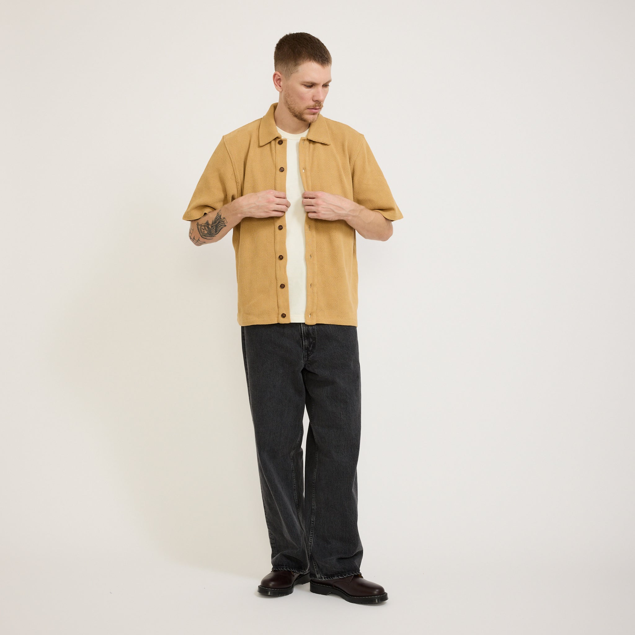 Universal Works | Button Through Polo Fantasy Checkerboard Sand | Maplestore