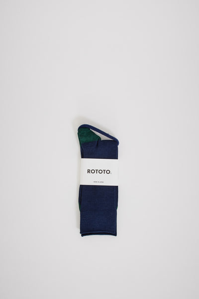 Rototo | Organic Cotton & Recycled Polyester Ribbed Crew Socks Navy/Dark Green | Maplestore