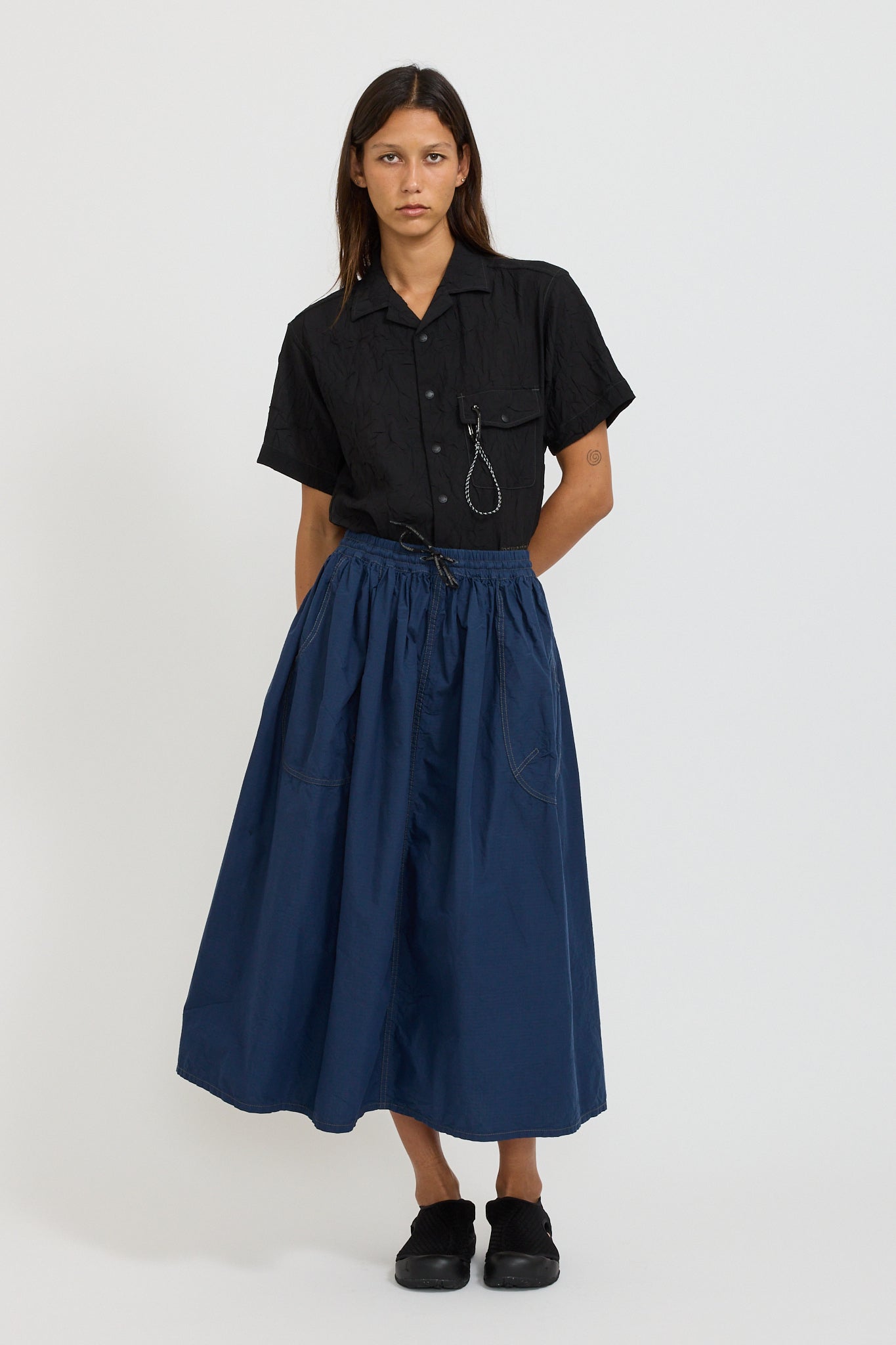 Washer Pleated Open SS Shirt Black
