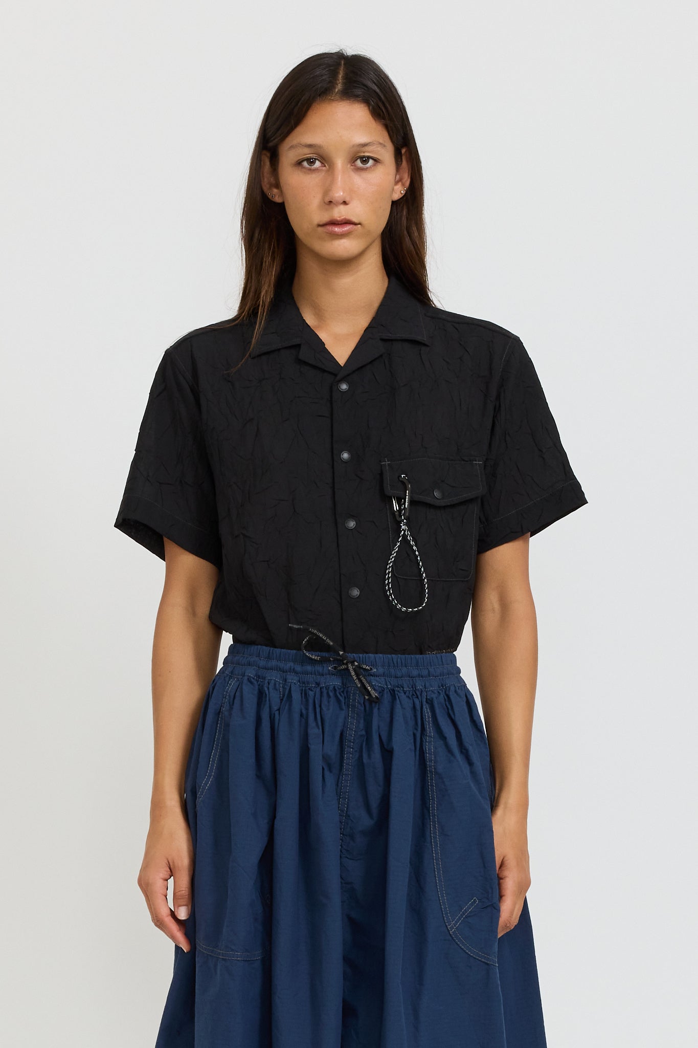 Washer Pleated Open SS Shirt Black
