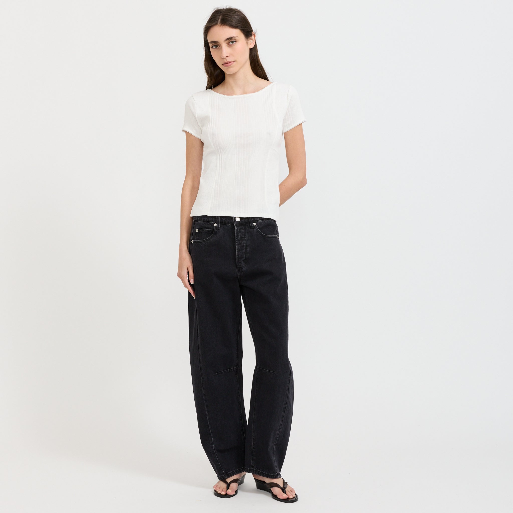 Lace Ribbed Panelled T-Shirt Ivory